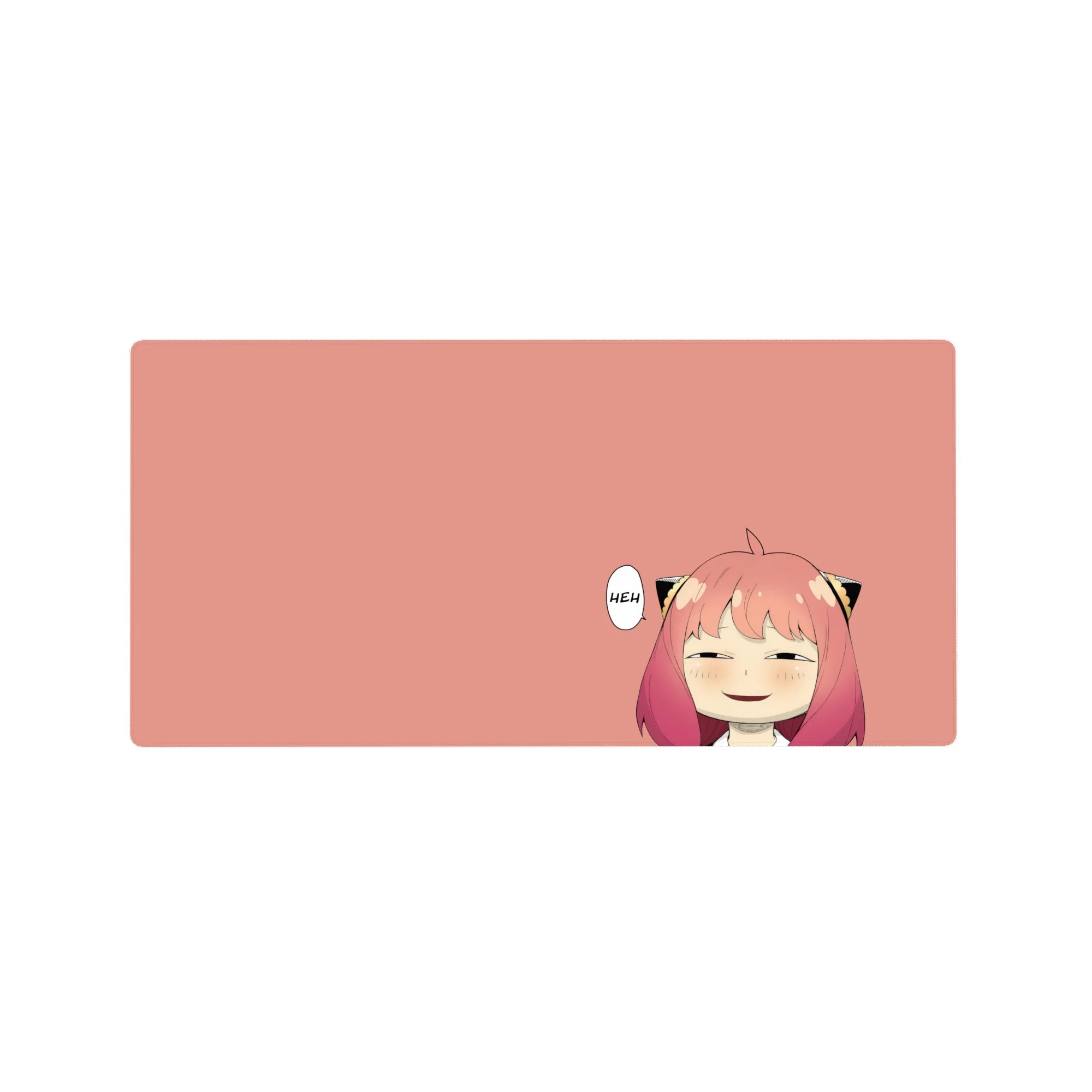 Anime girl mouse pad 32x16 inches with smug grin, cat-ear clips, and minimal cute desk design.