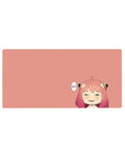 Anime girl mouse pad 32x16 inches with smug grin, cat-ear clips, and minimal cute desk design.