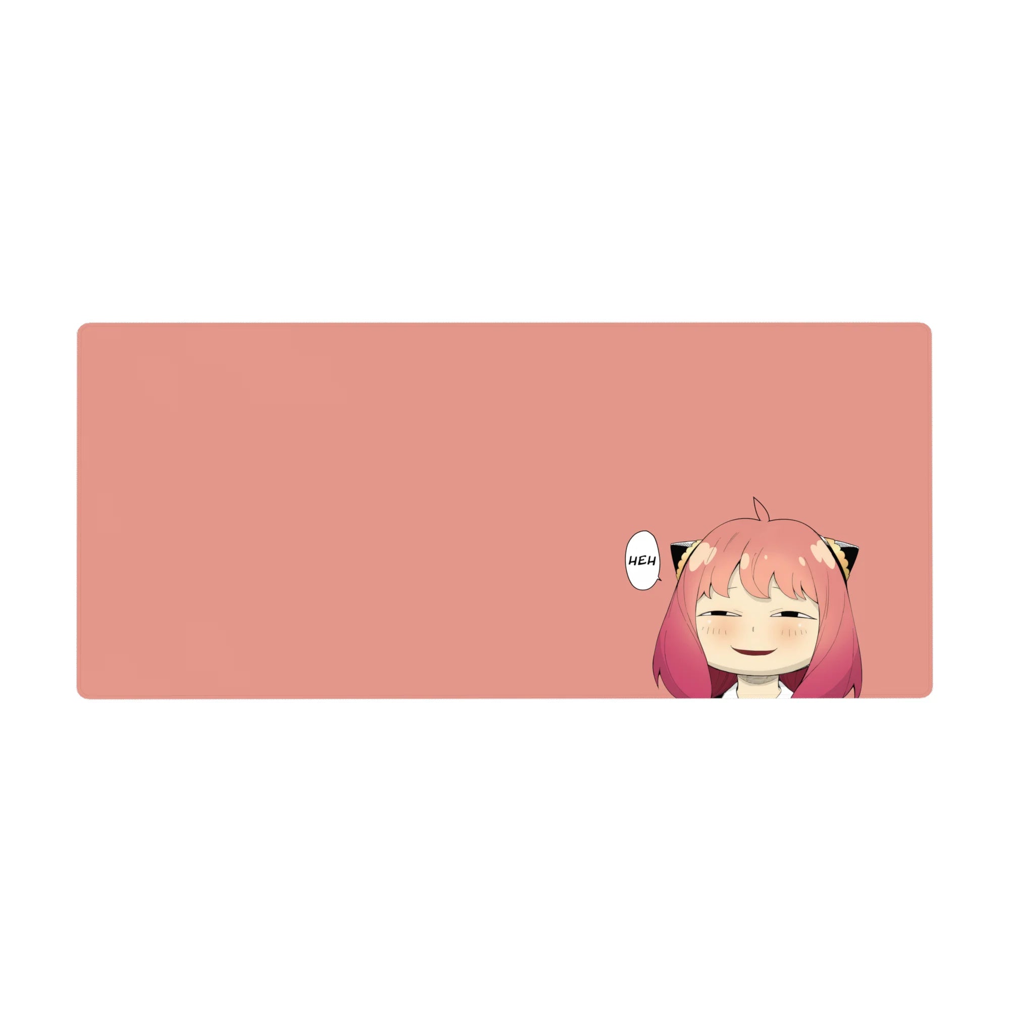 36x16 inches anime girl desk pad with peach background, smug grin, black cat-ear clips, minimal clean style.