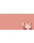36x16 inches anime girl desk pad with peach background, smug grin, black cat-ear clips, minimal clean style.