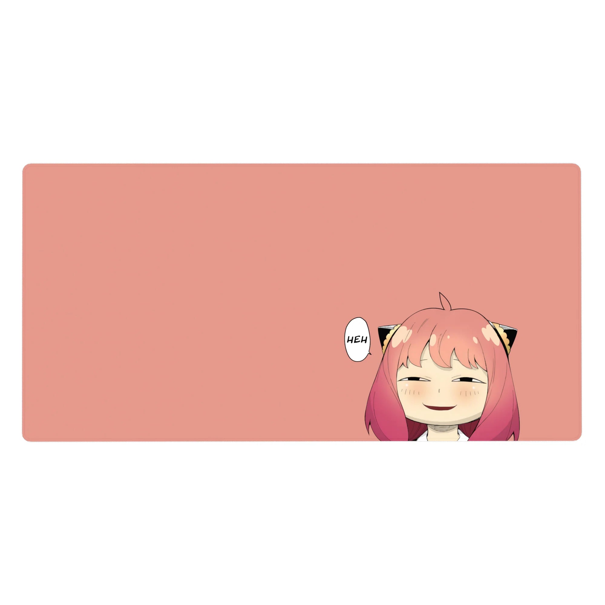 Anime girl desk pad 40x20 inches with soft peach background, smug grin, and black cat-ear clips.