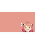Anime girl desk pad 40x20 inches with soft peach background, smug grin, and black cat-ear clips.
