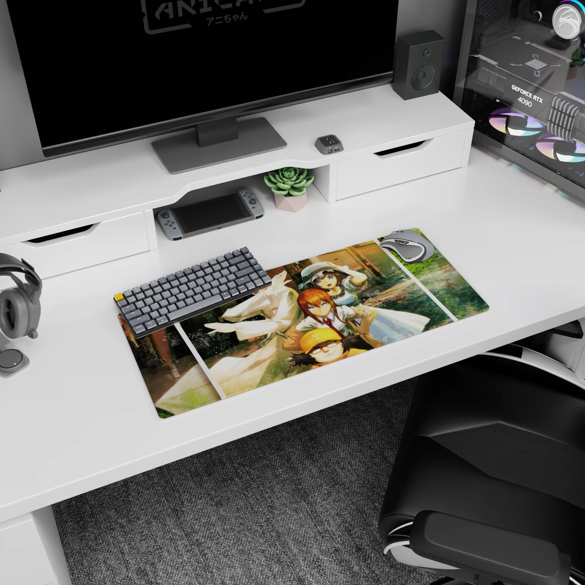 Okabe and Kurisu with Mayuri in a frantic photo-like moment on an anime mouse pad 28x12 inches.