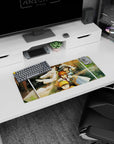 Okabe and Kurisu with Mayuri in a frantic photo-like moment on an anime mouse pad 28x12 inches.