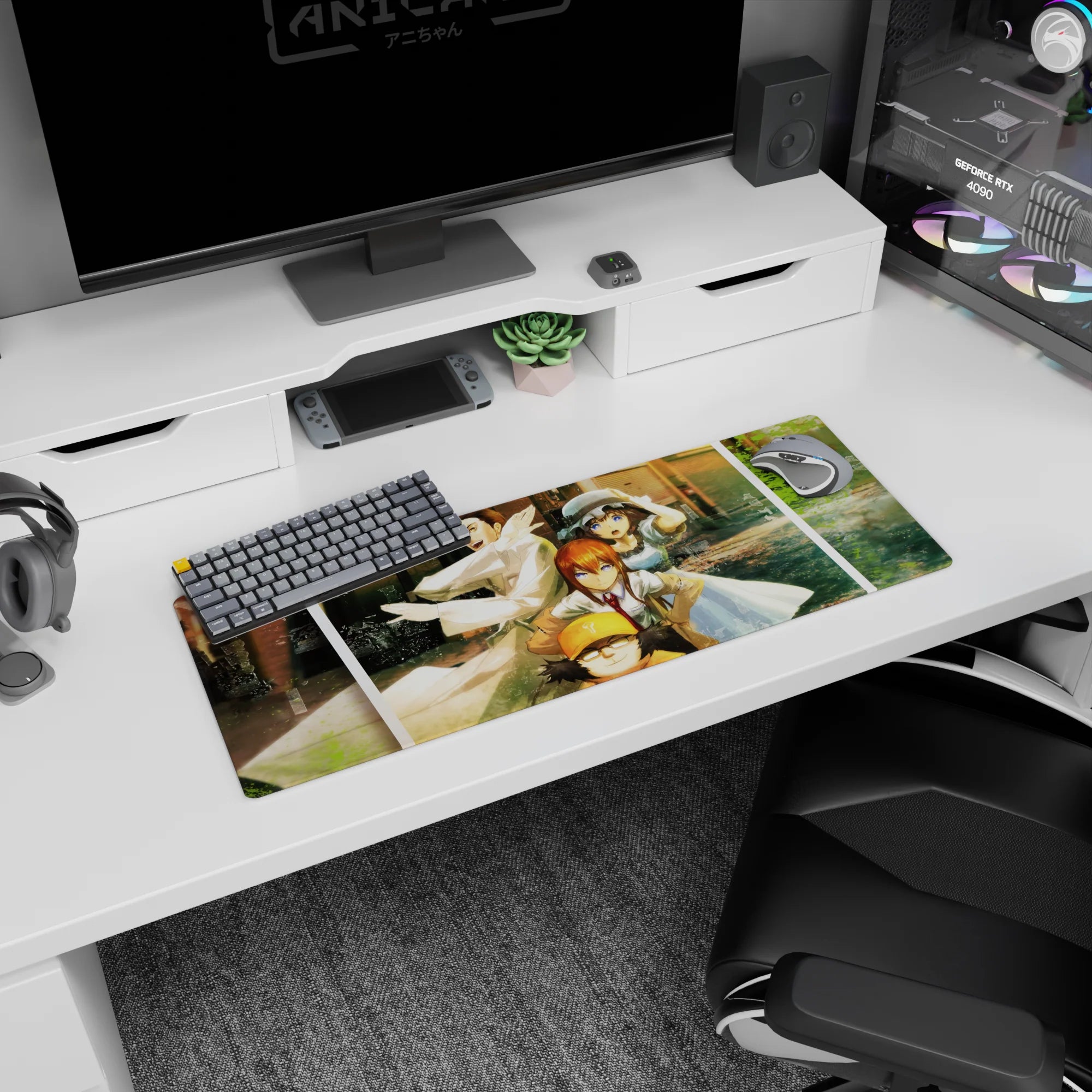 32x12 inches anime mouse pad showing Okabe and Kurisu with Mayuri in lab coats mid-chaos, cinematic tilt.