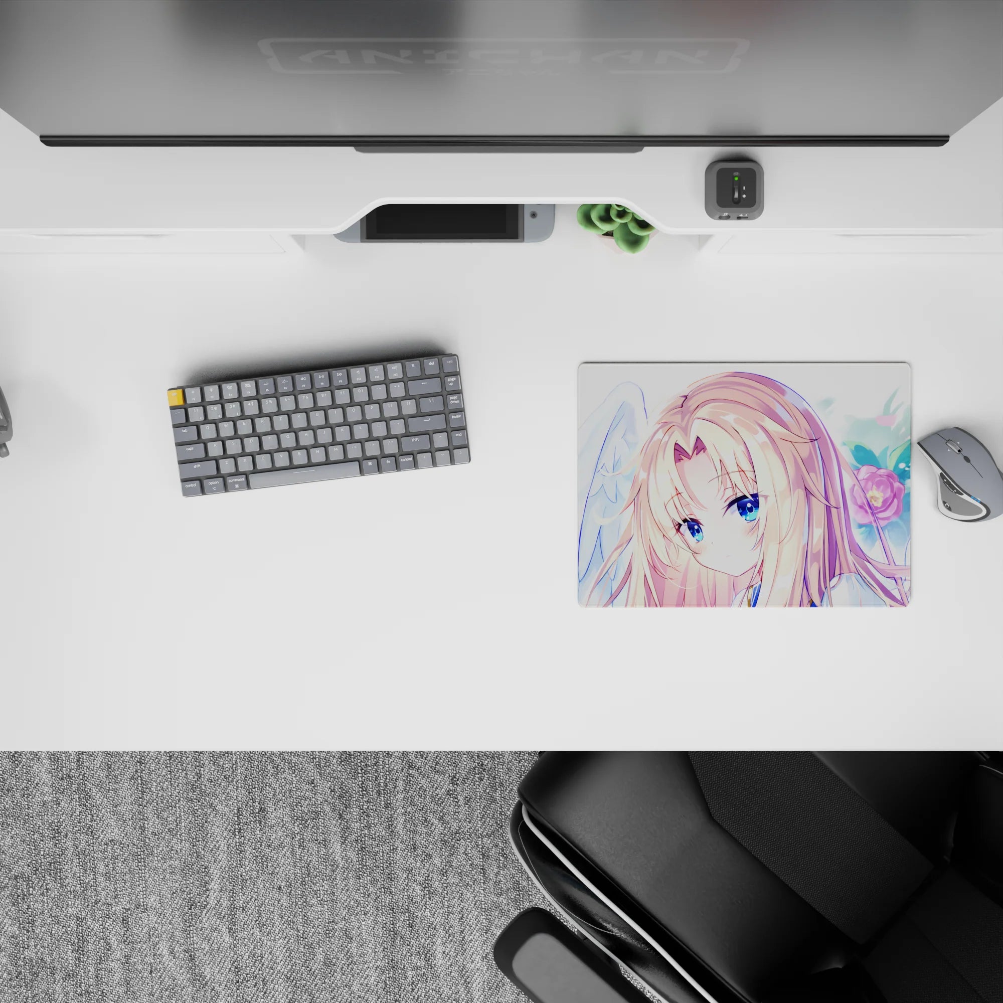 Dreamy pastel anime mouse pad 14x10 inches in soft pinks and blues, calming cute desk accessory.