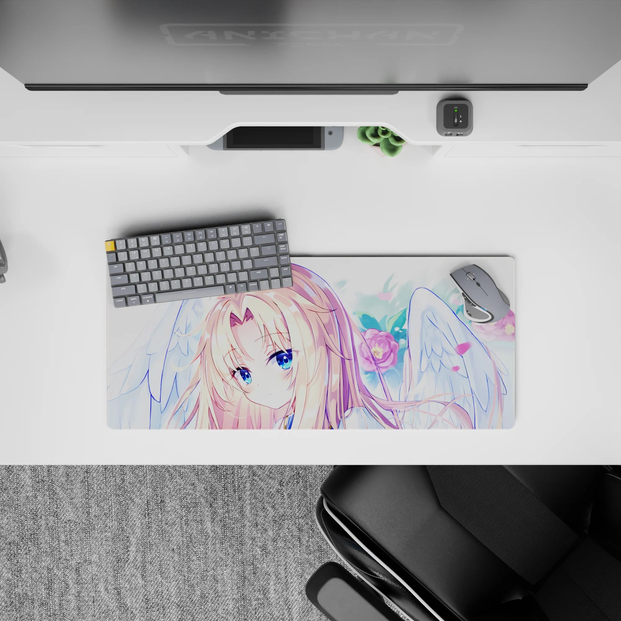 28x12 inches pastel desk mouse pad in soft pinks and sky tones, dreamy anime angel girl artwork.