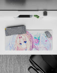 28x12 inches pastel desk mouse pad in soft pinks and sky tones, dreamy anime angel girl artwork.