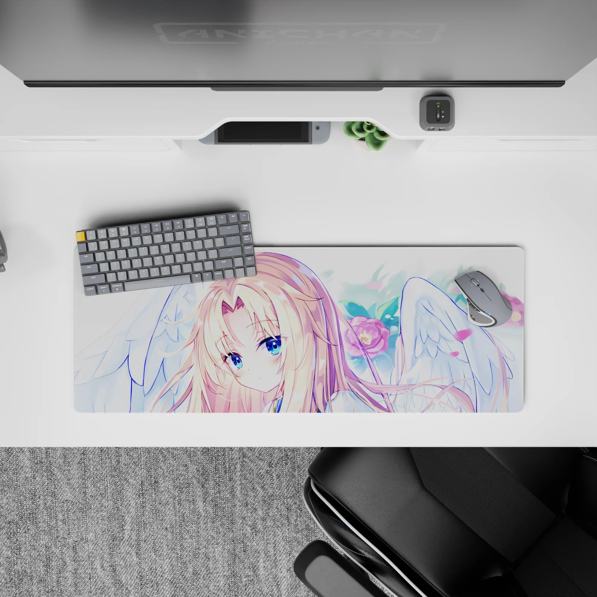 32x12 inches pastel desk mouse pad in soft pinks and sky tones, dreamy cute anime aesthetic.