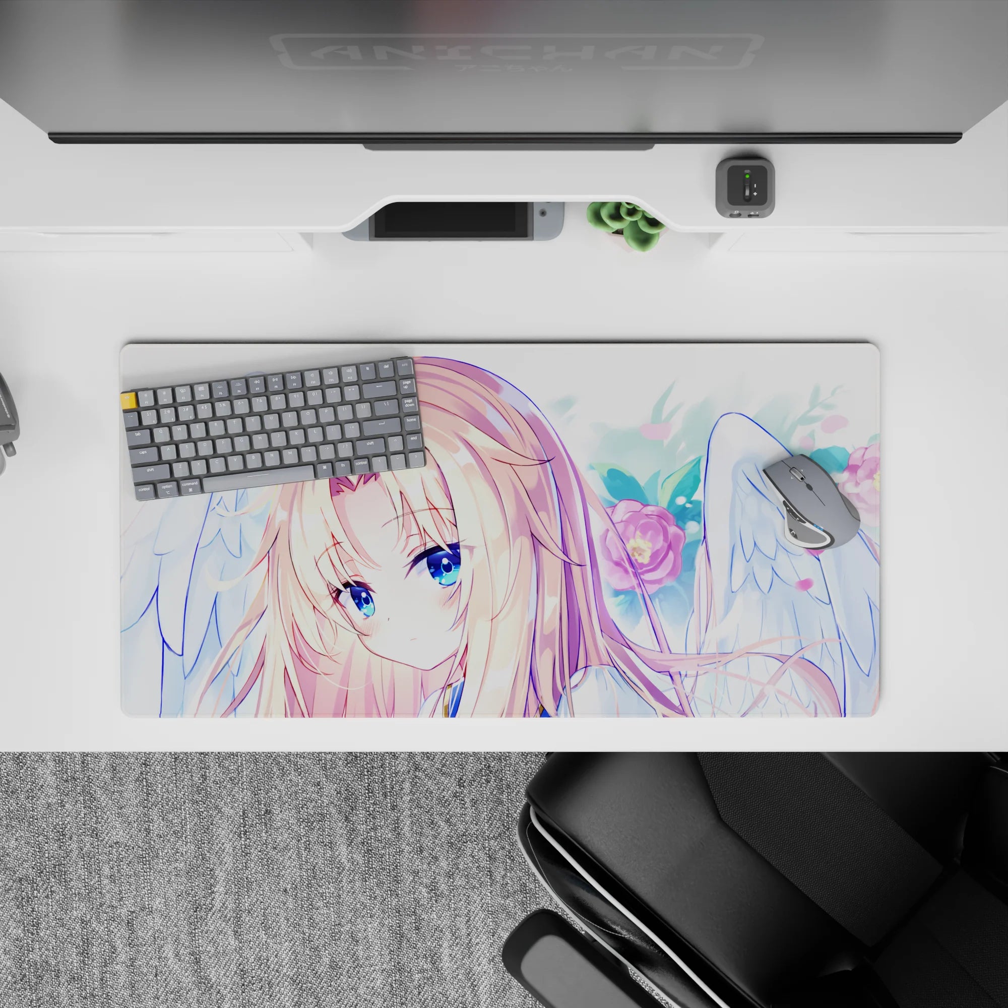Pastel dream 32x16 inches anime mouse pad in soft pinks and sky blues with calming angel aesthetic.