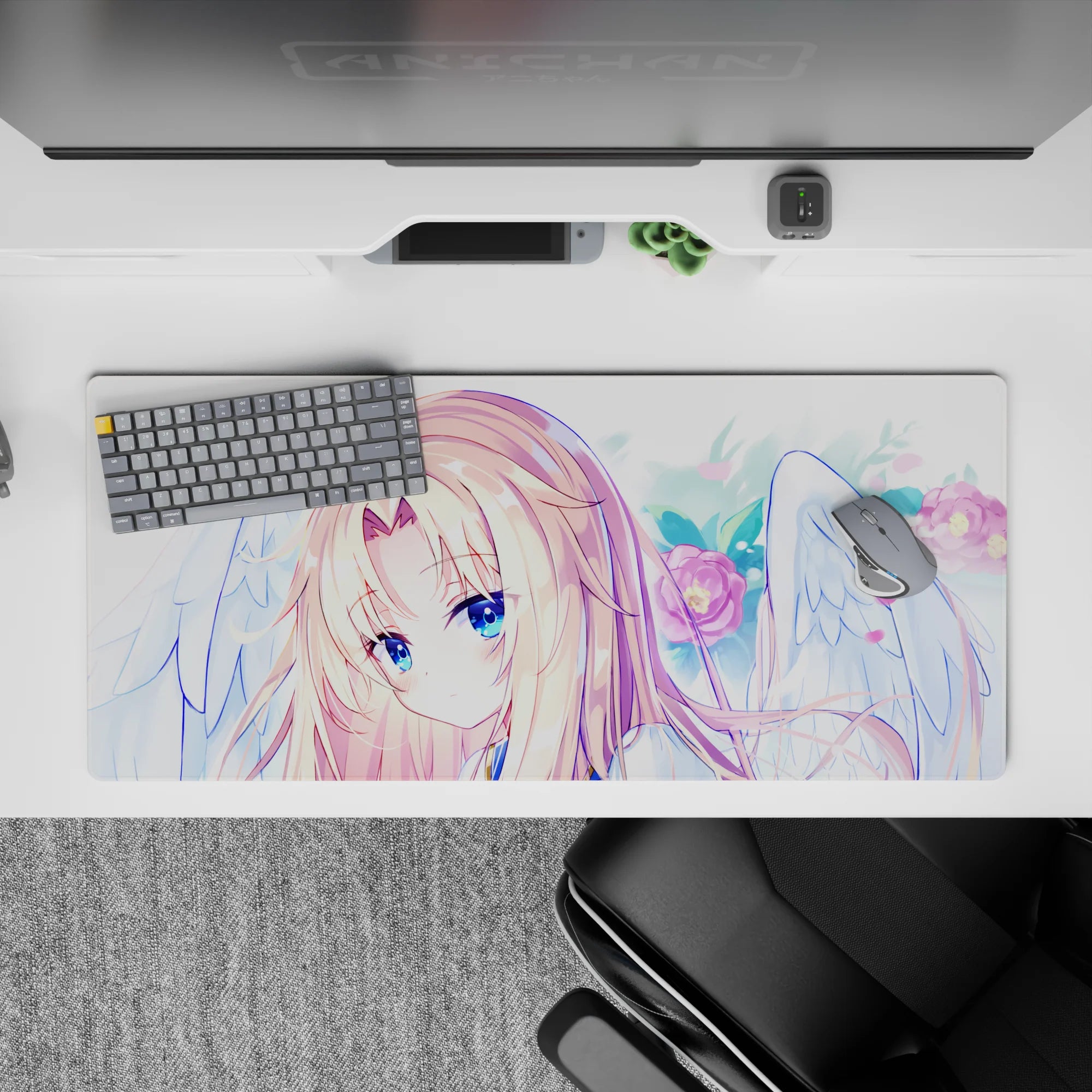 36x16 inches pastel dreamy desk pad in soft skies, blush pink florals, and golden hair highlights.