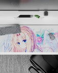 36x16 inches pastel dreamy desk pad in soft skies, blush pink florals, and golden hair highlights.