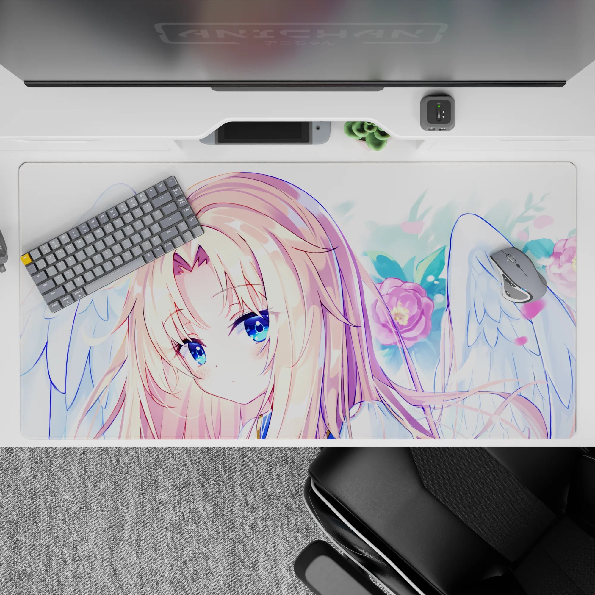 40x20 inches pastel desk pad in soft skies and blush pink florals, dreamy kawaii anime vibe.