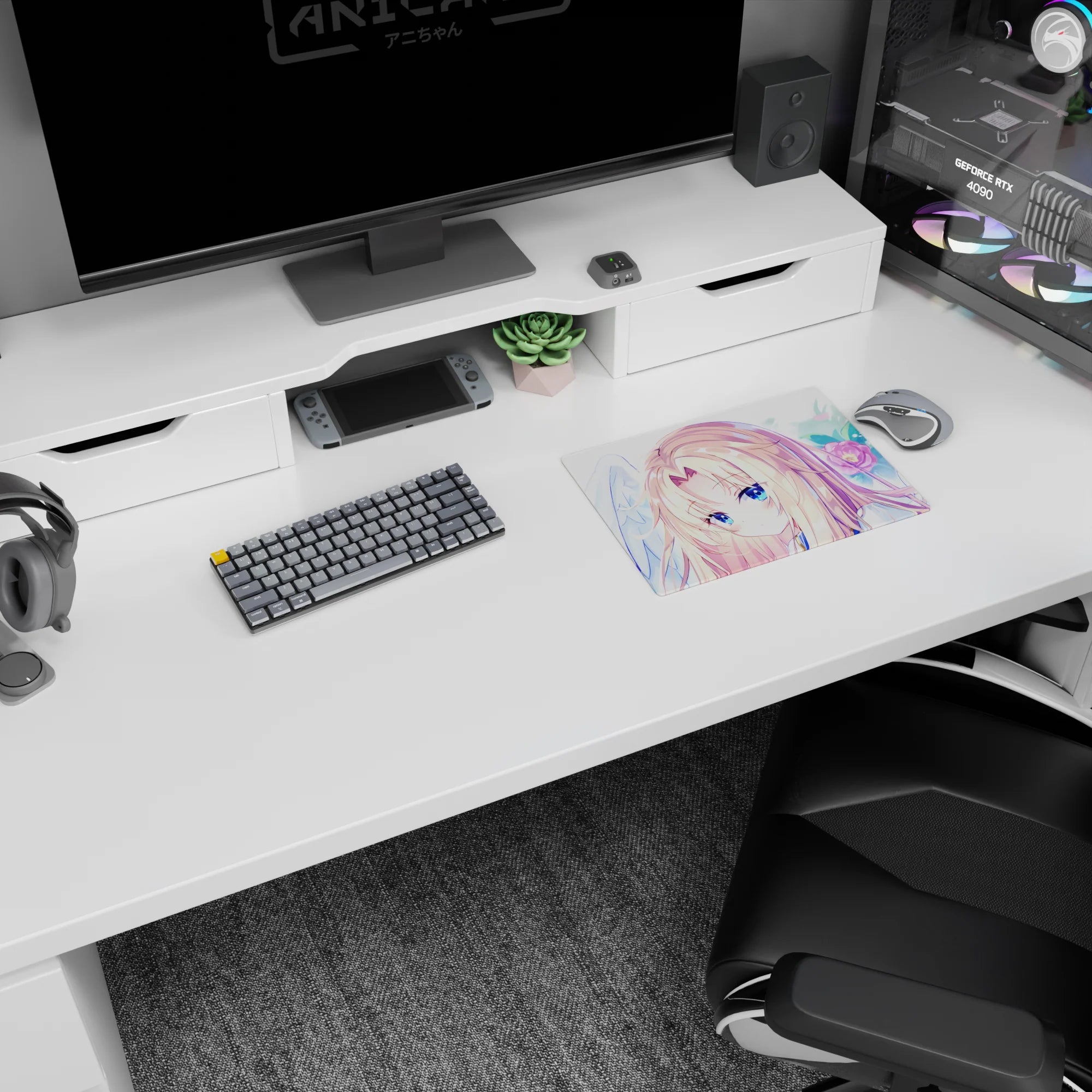 Sapphire-eyed blonde anime angel with glossy hair and feathery wings on a 14x10 inches mouse pad.