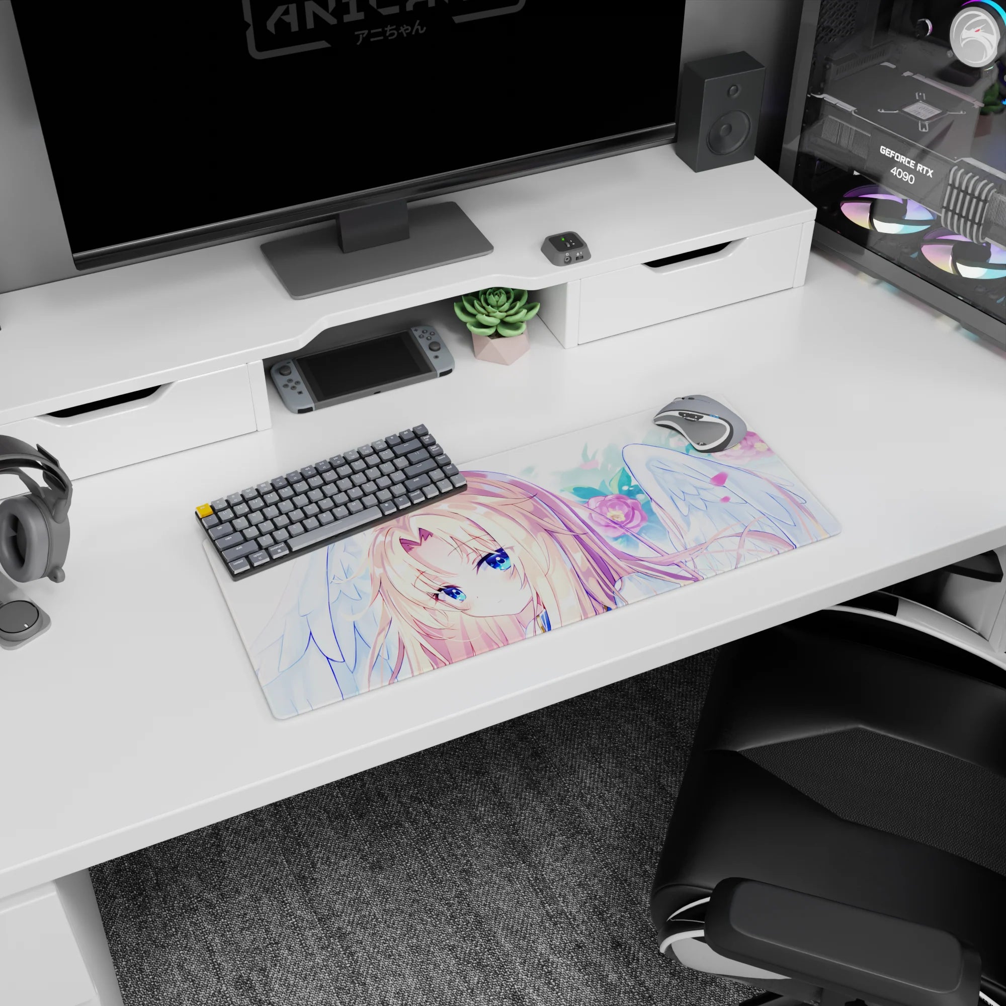 28x12 inches mouse pad showing a golden-blonde anime girl with sapphire eyes among wings and blooms.