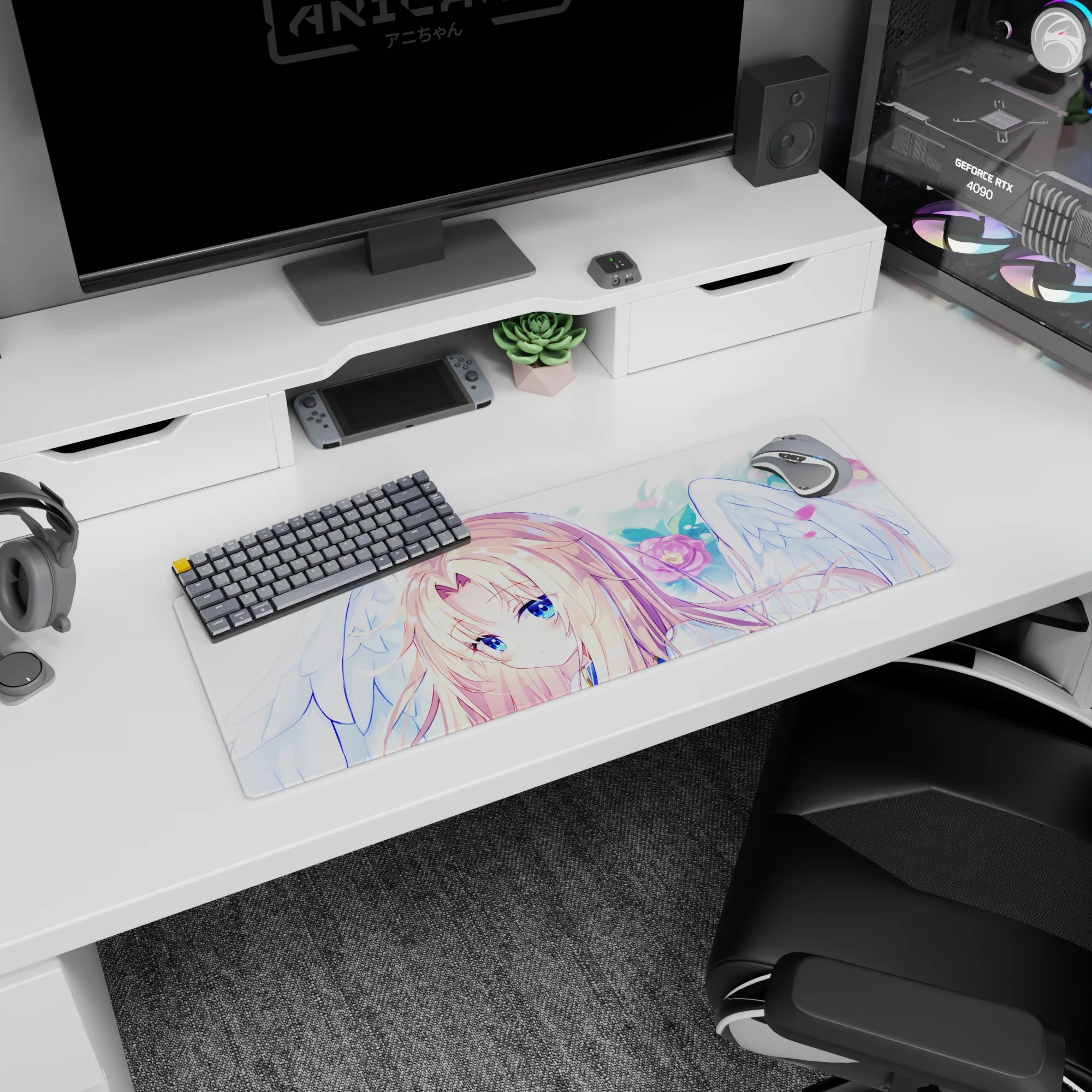 32x12 inches anime mouse pad showing a golden-blonde girl with angel wings amid blush flowers.