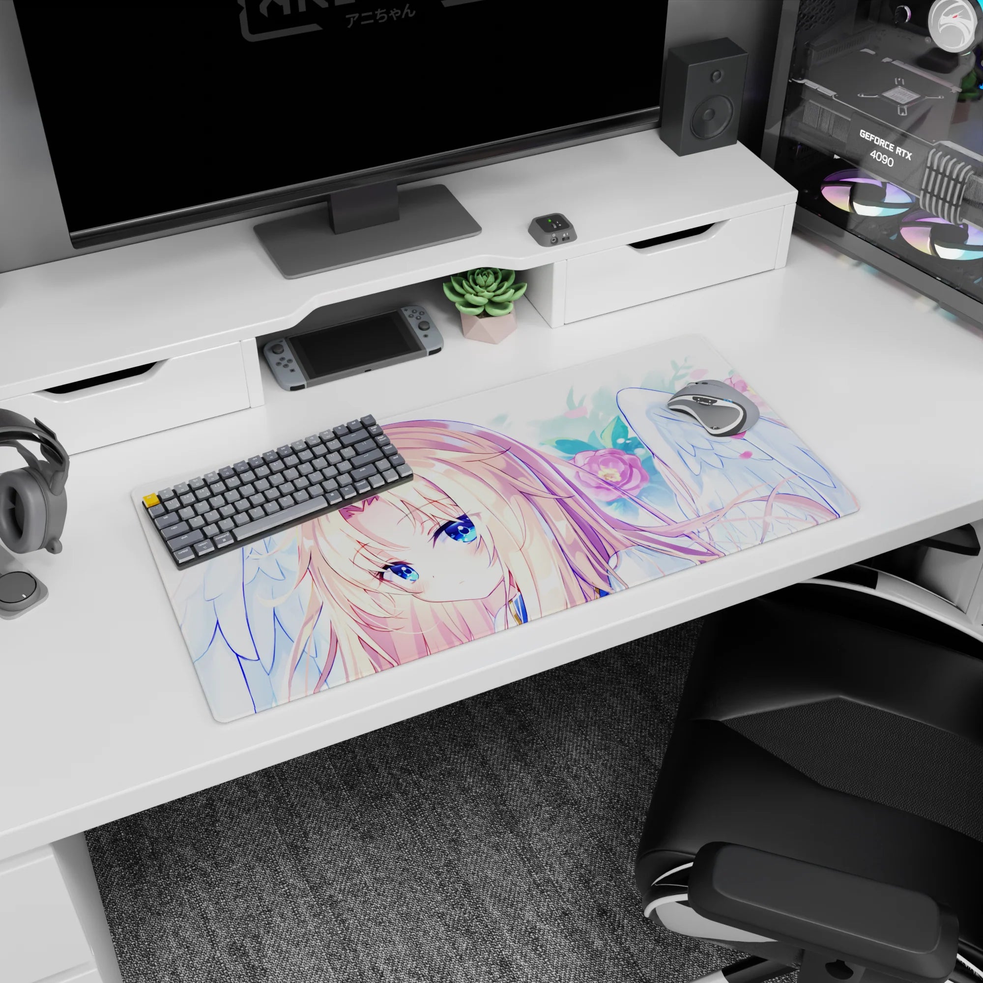 Golden-blonde anime angel girl with blue eyes among blush blooms on a 32x16 inches mouse pad.
