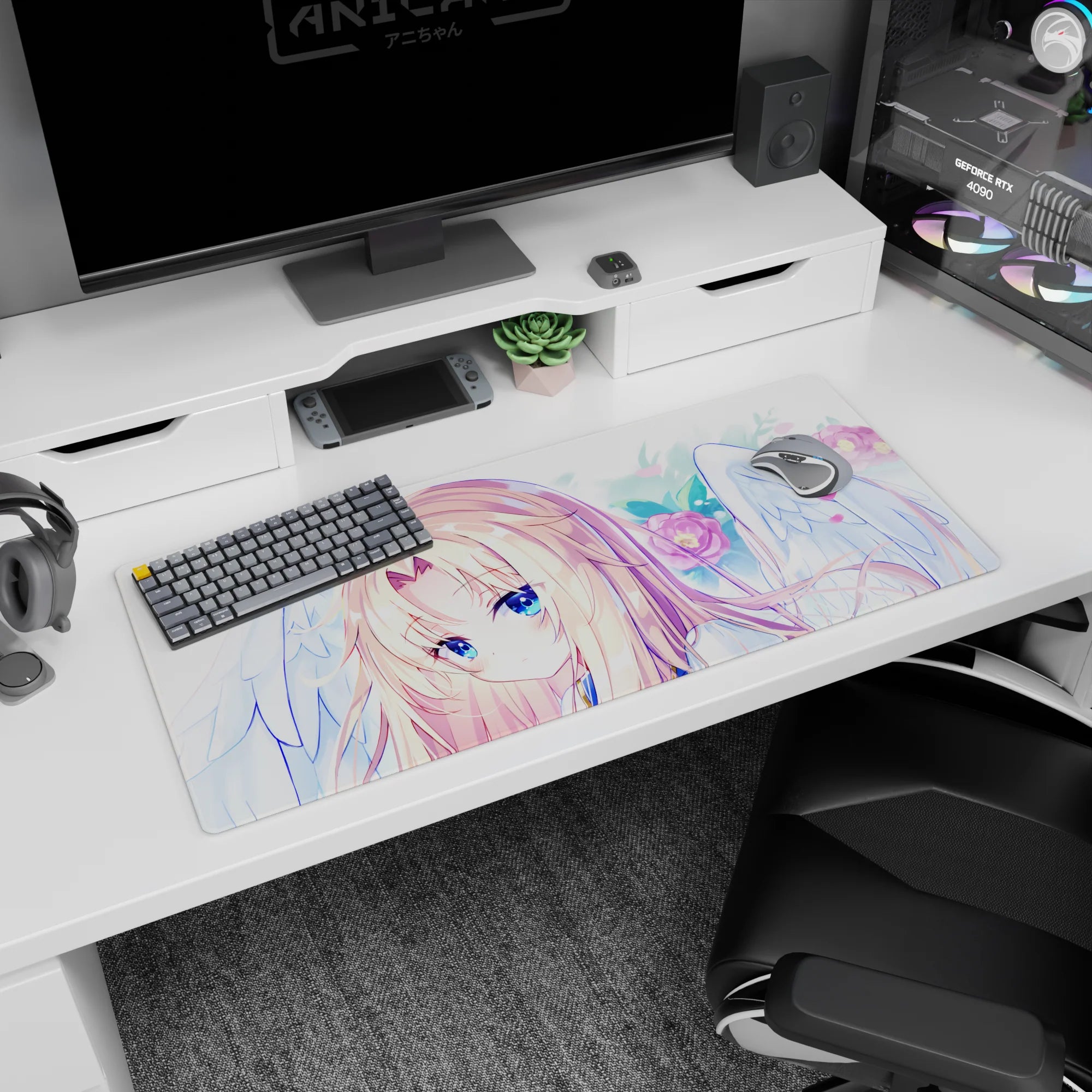 36x16 inches anime mouse pad showing a wistful blonde angel girl framed by feathery wings and petals.