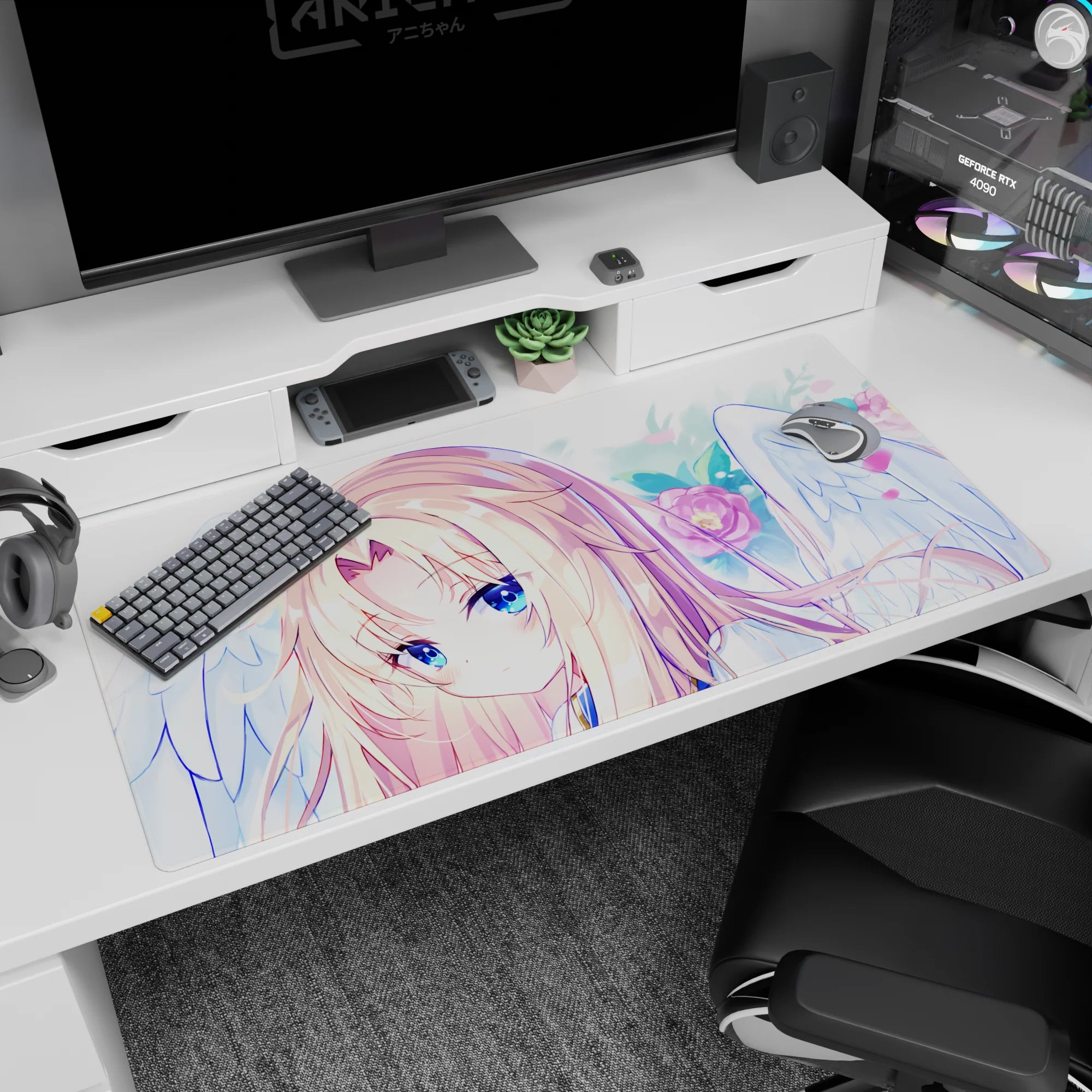 40x20 inches desk pad showing a golden-blonde anime girl with angel wings gazing wistfully amid petals.