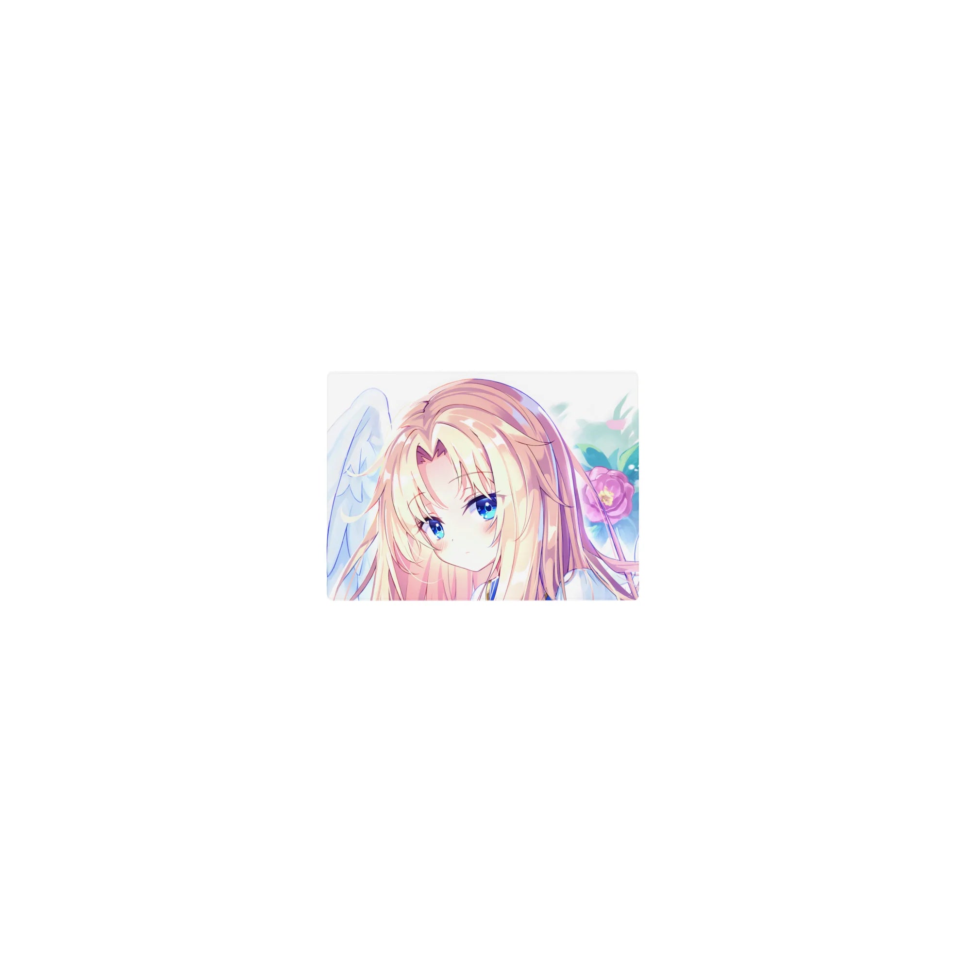 Classic anime girl mouse pad 14x10 inches with blonde angel, white wings, and pink petals on pastel sky.