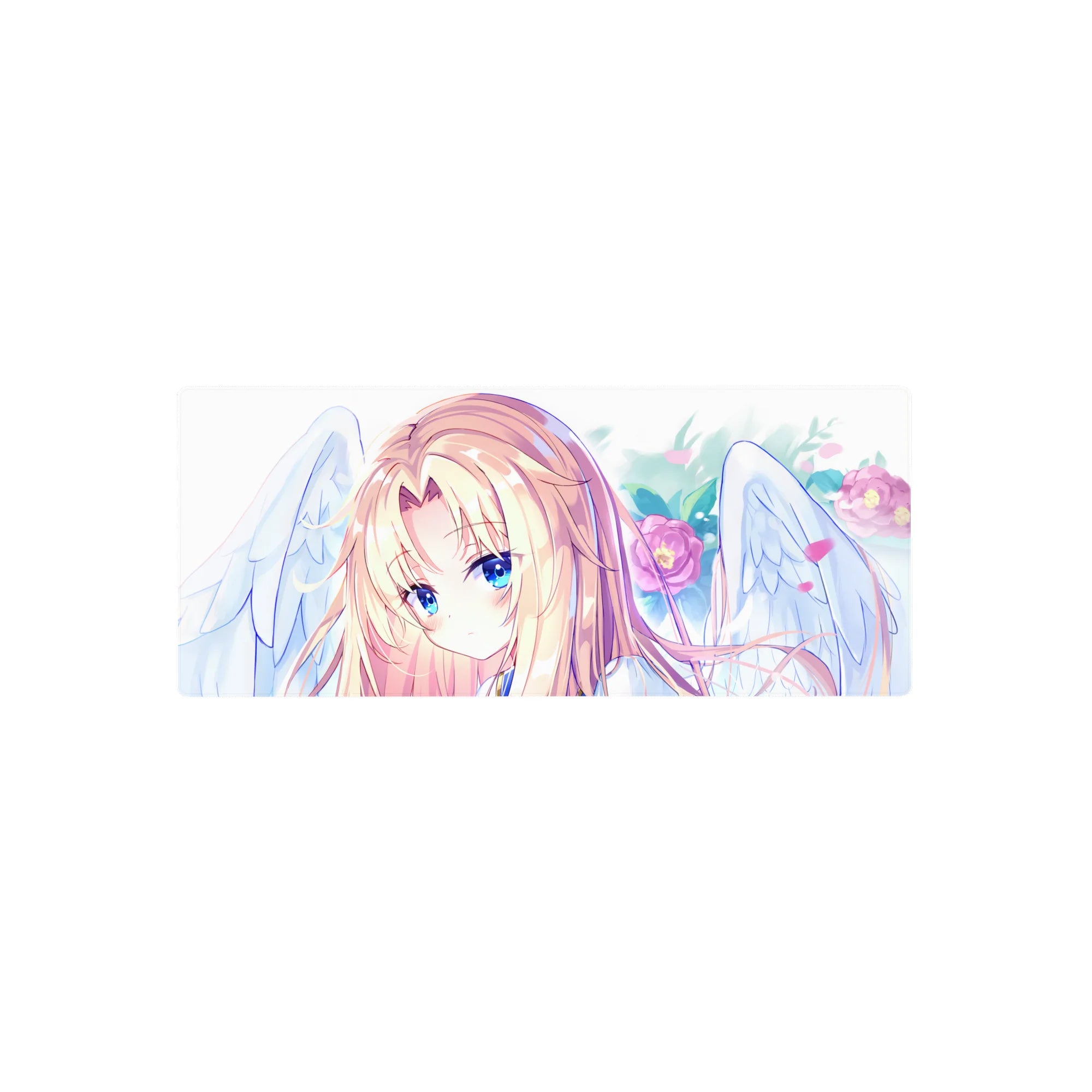 28x12 inches anime girl mouse pad with blonde angel, white wings, pink petals, and sapphire eyes.