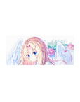 28x12 inches anime girl mouse pad with blonde angel, white wings, pink petals, and sapphire eyes.