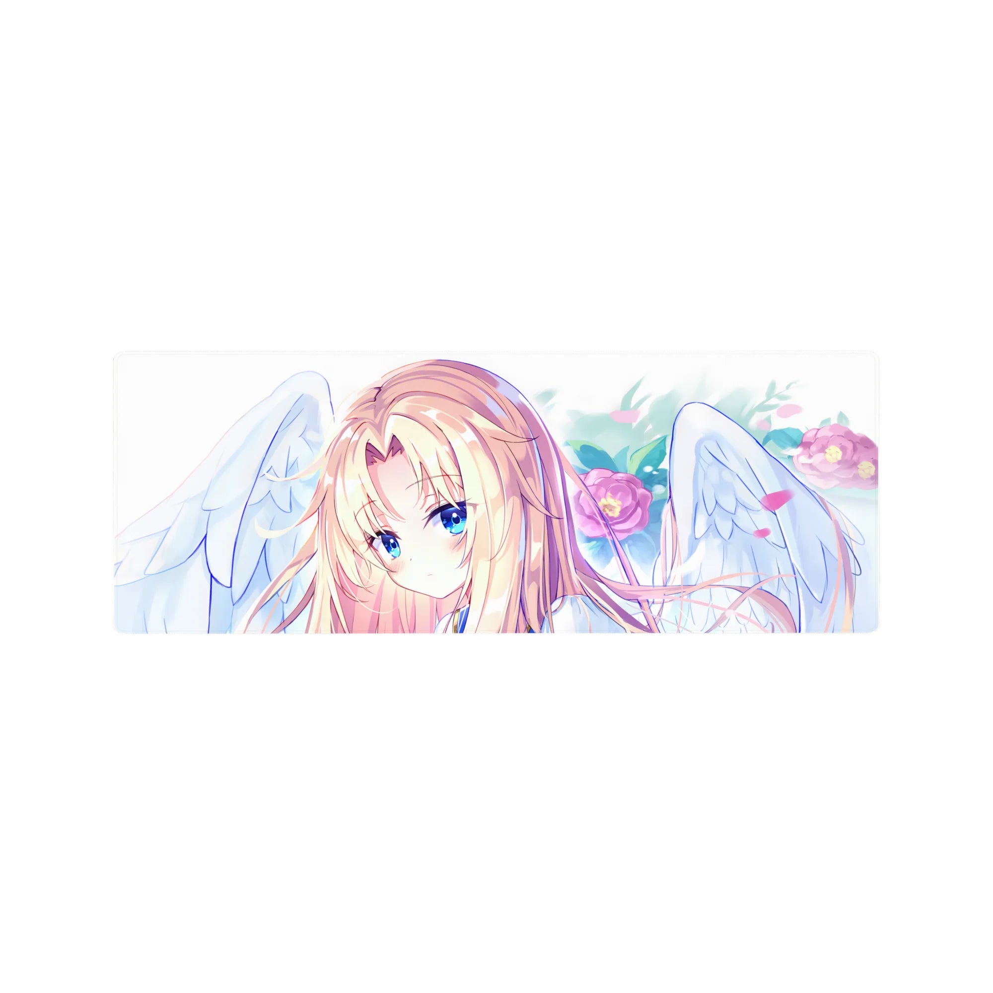 32x12 inches anime girl mouse pad with blonde angel, white wings, sapphire eyes, and pink petals.