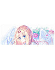 32x12 inches anime girl mouse pad with blonde angel, white wings, sapphire eyes, and pink petals.