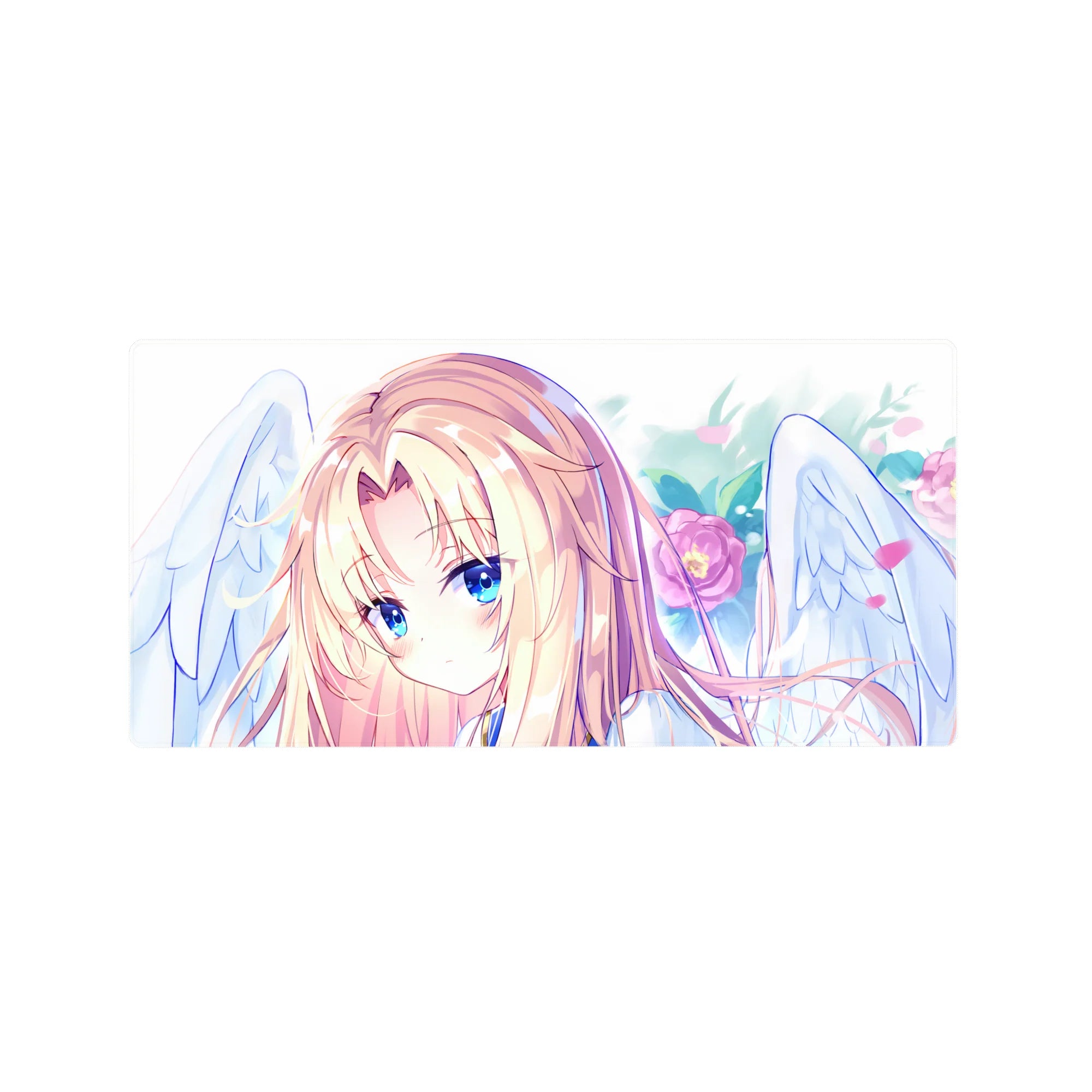32x16 inches anime girl mouse pad with blonde angel, white wings, pink petals, and sapphire eyes.