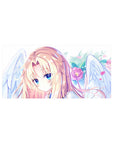 32x16 inches anime girl mouse pad with blonde angel, white wings, pink petals, and sapphire eyes.