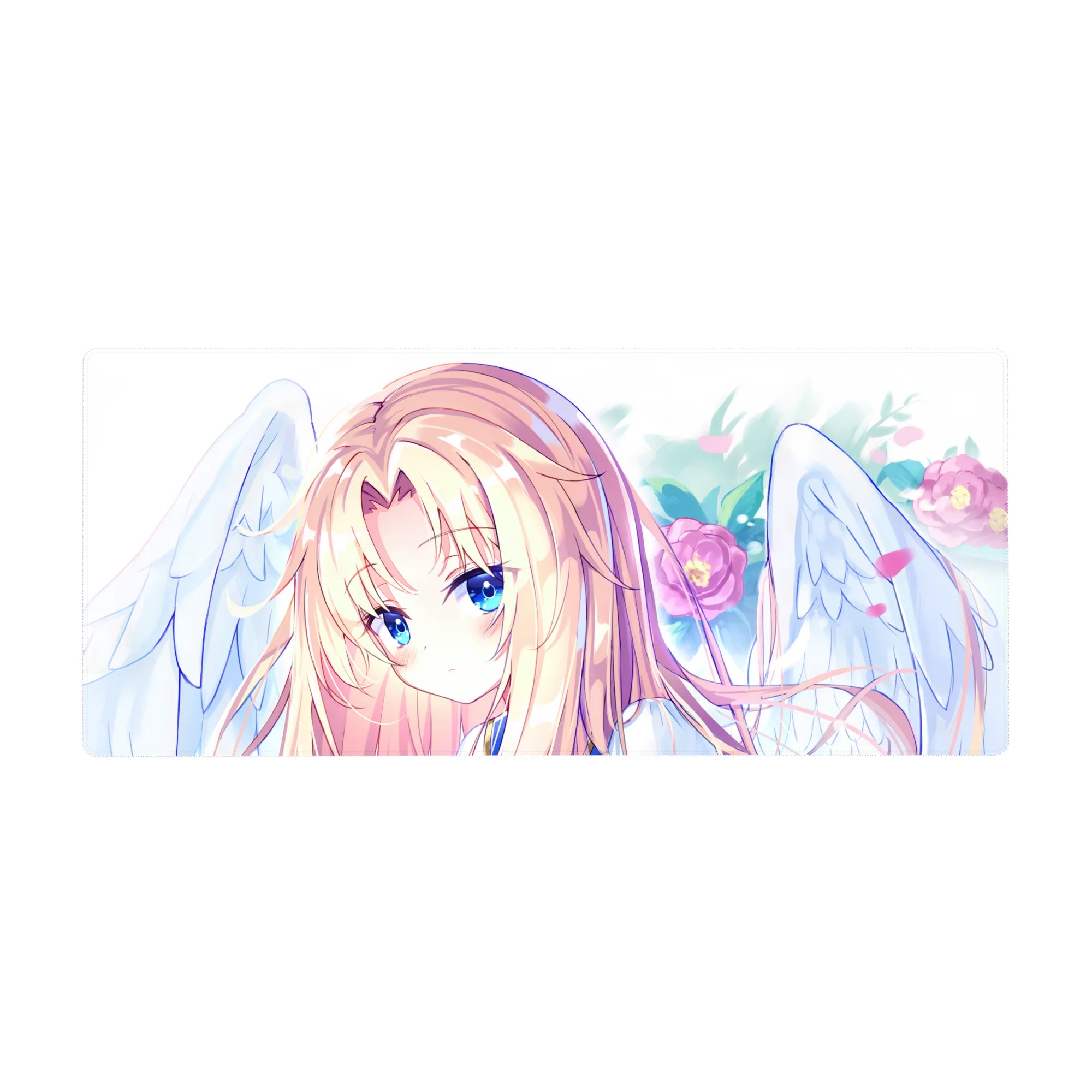 36x16 inches anime girl desk pad with blonde angel, sapphire eyes, white wings, and pink blossoms.