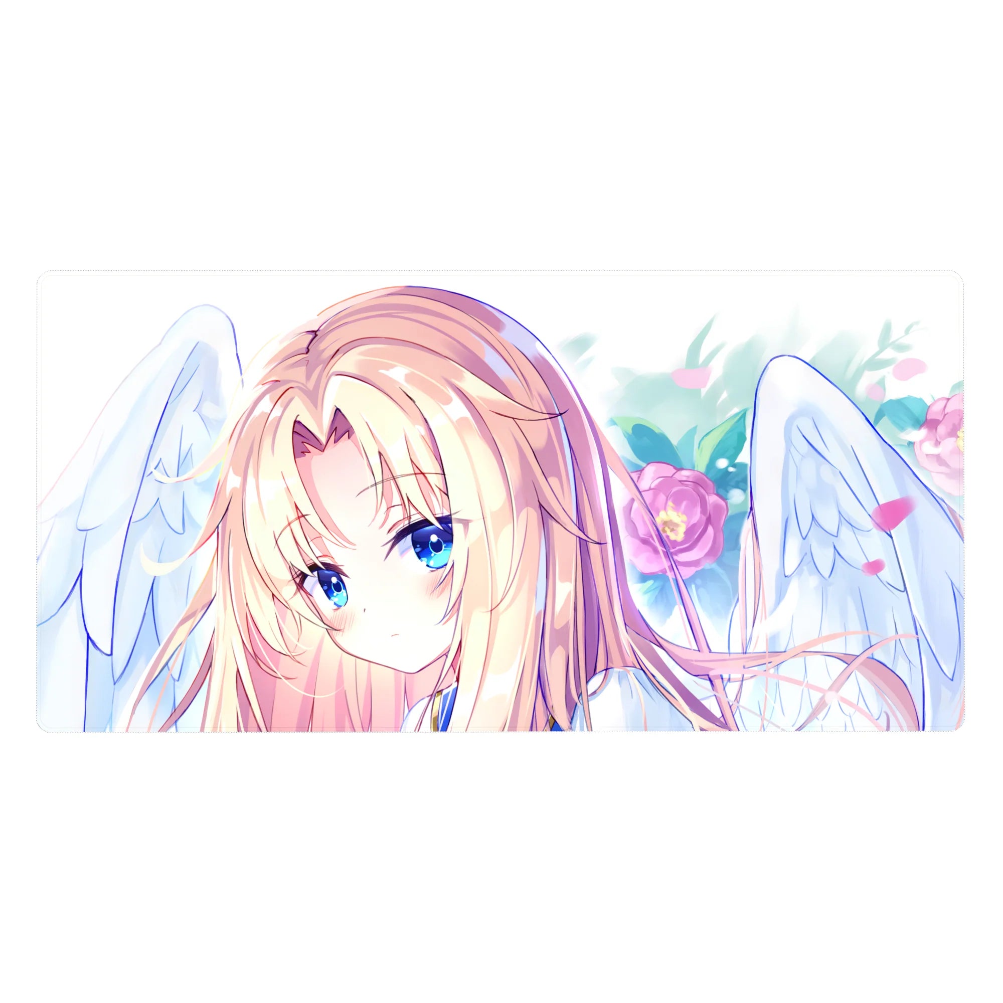 40x20 inches anime girl desk pad with blonde angel, sapphire eyes, white wings, and pink blossoms.