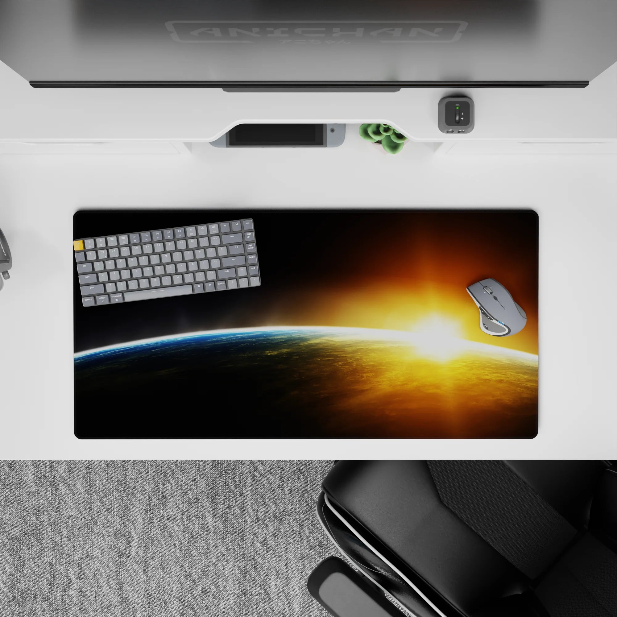 Midnight black to smoky gray mouse pad 32x16 inches with calming gold-amber dawn glow.