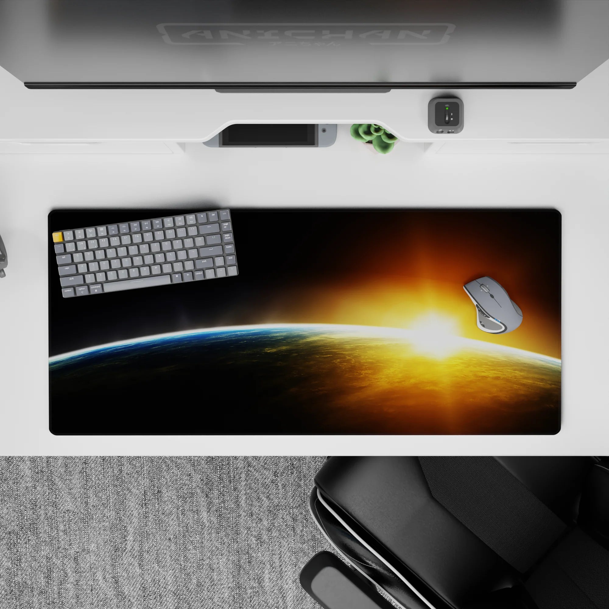 Dreamy midnight-to-gray desk pad 36x16 inches with warm gold amber glow for calm focus.
