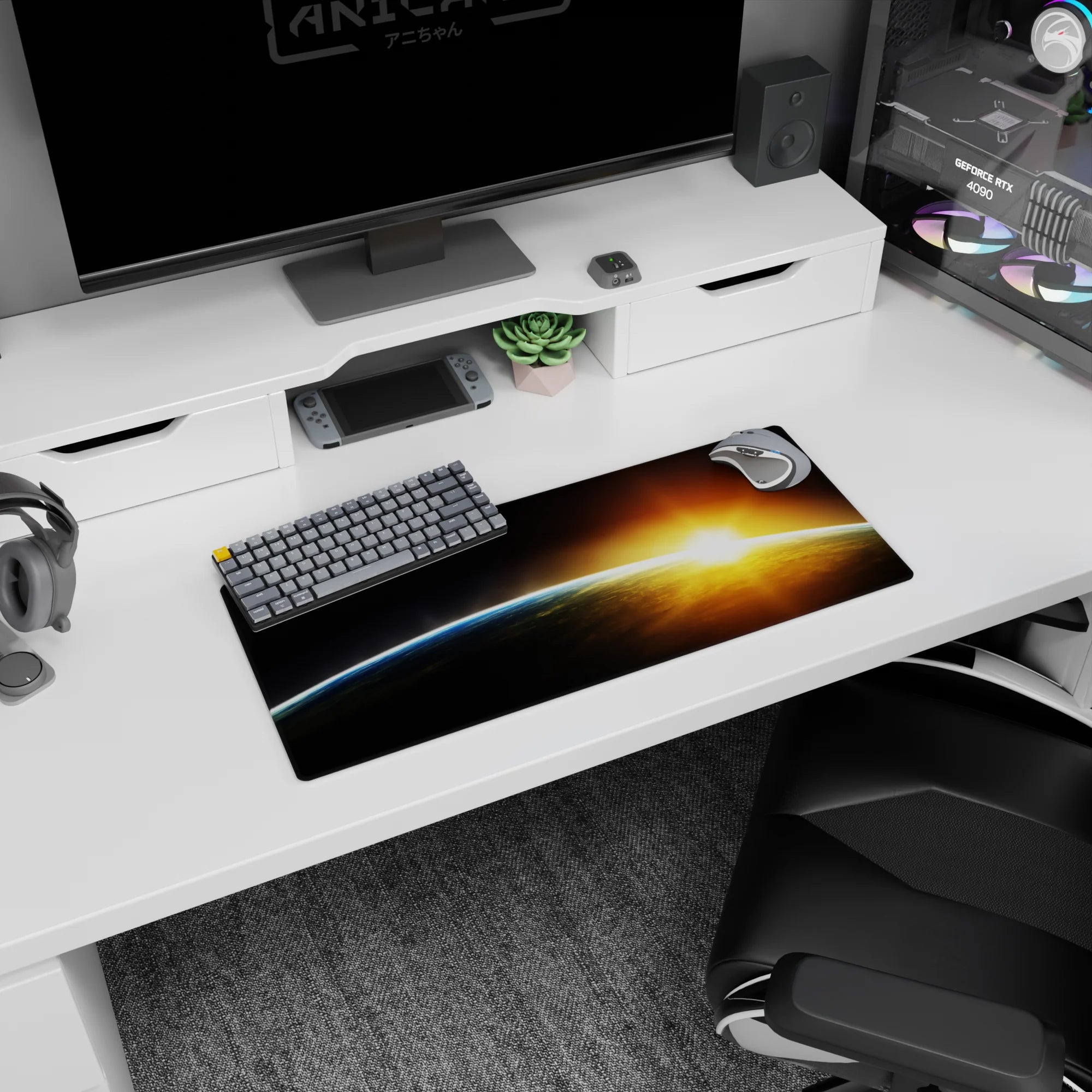 Space horizon scene mouse pad 28x12 inches featuring a curved blue rim and a tiny golden sunrise dawn.