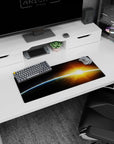 Space horizon scene mouse pad 28x12 inches featuring a curved blue rim and a tiny golden sunrise dawn.