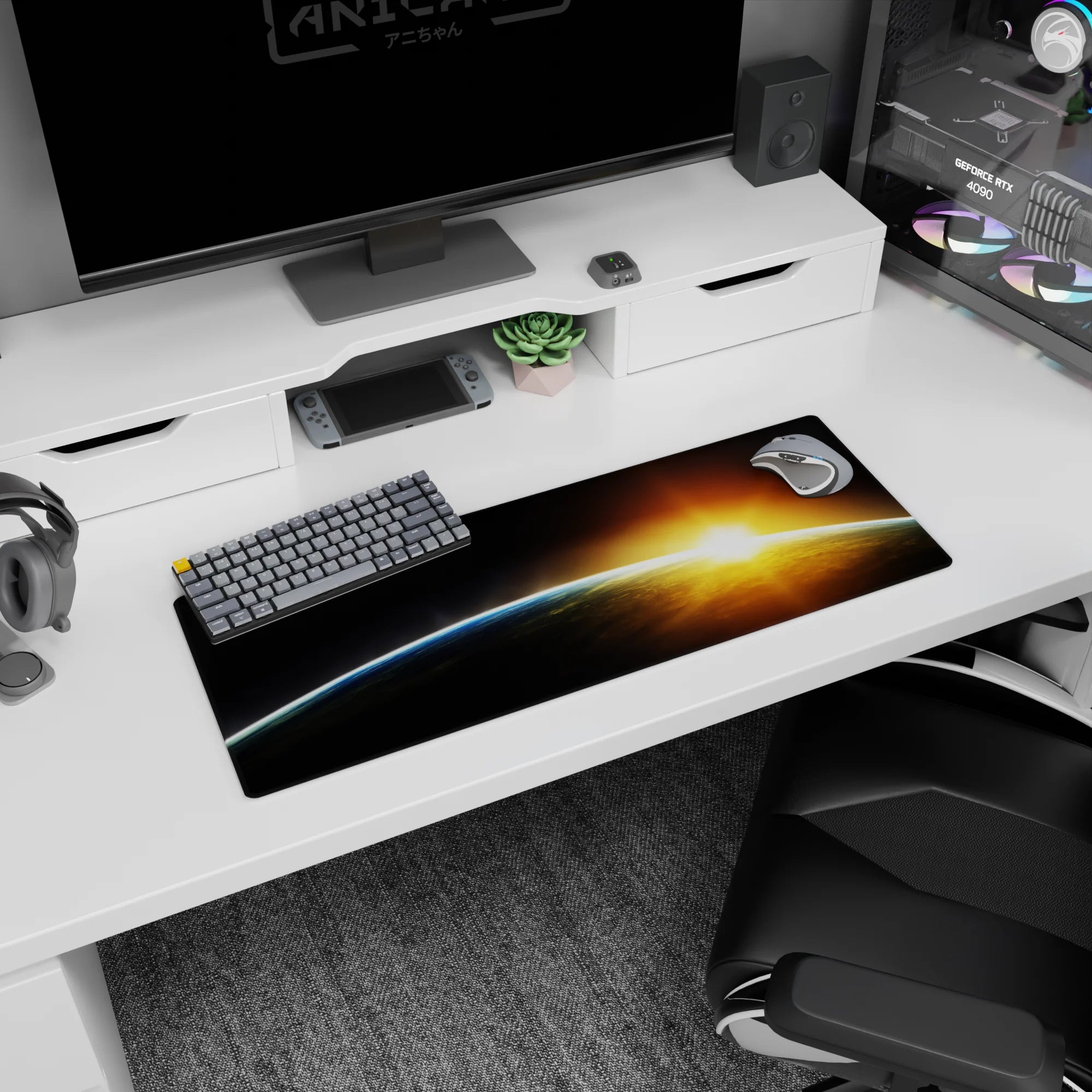 32x12 inches extended mouse pad showing a curved space horizon with a sharp blue edge and dawn flare.
