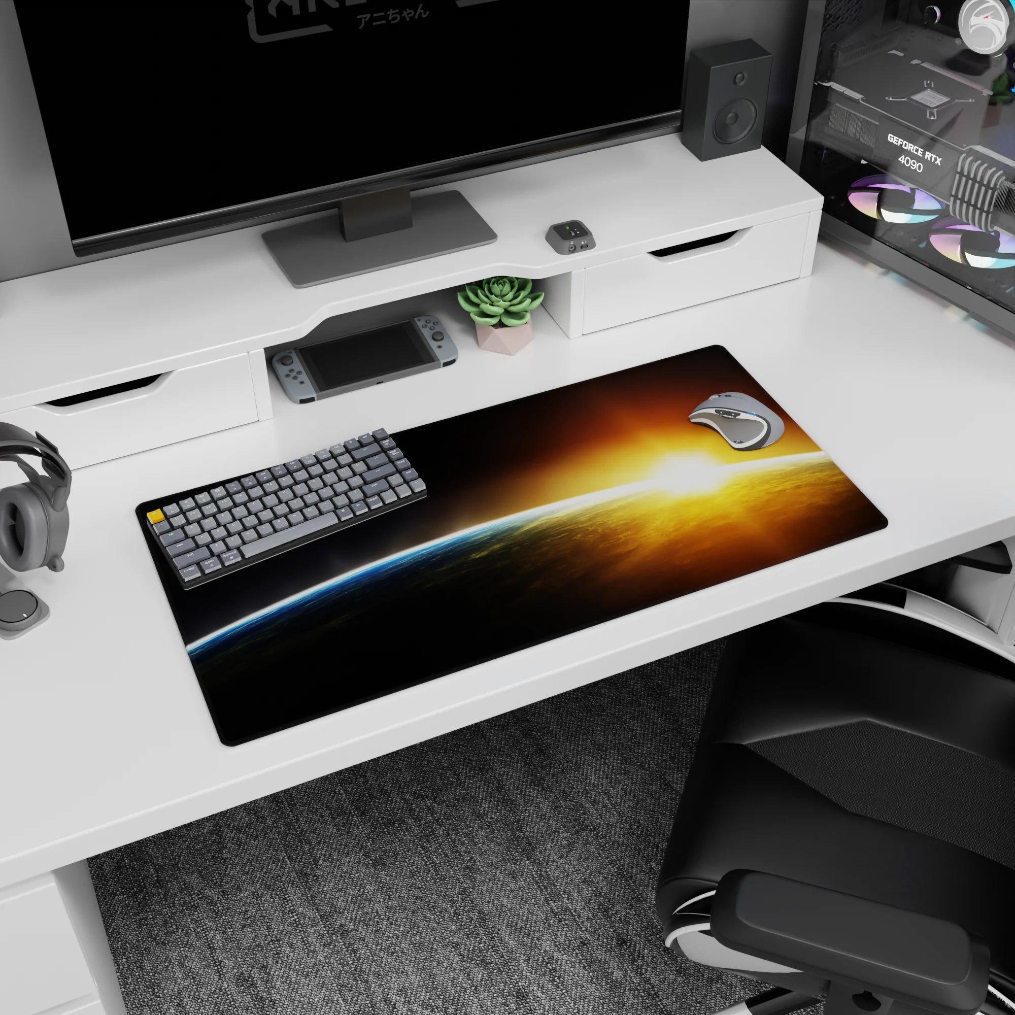 Space horizon scene mouse pad 32x16 inches featuring a blue edge curve and golden sunrise flare.