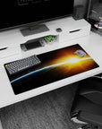 Space horizon scene mouse pad 32x16 inches featuring a blue edge curve and golden sunrise flare.