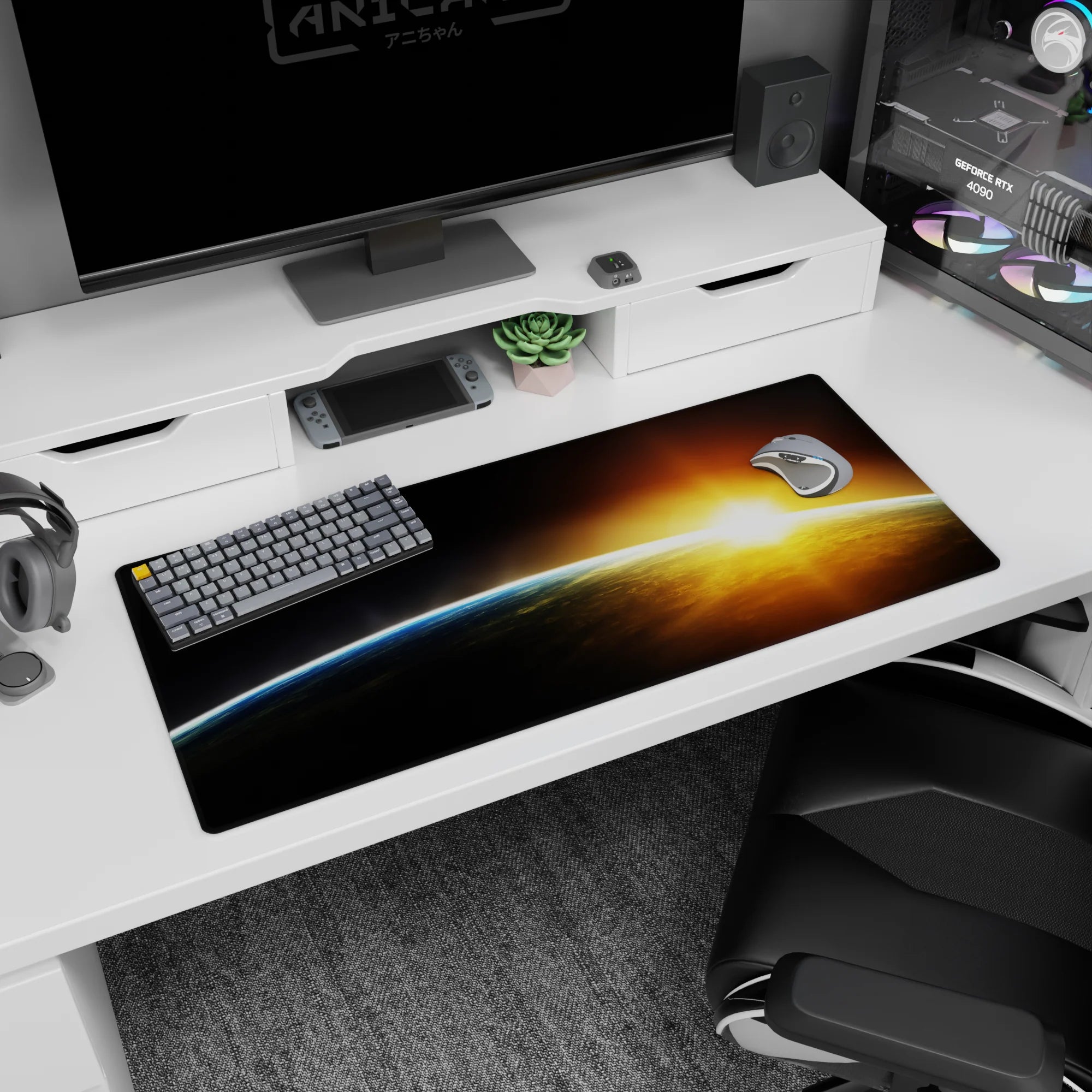 Space horizon scene desk pad 36x16 inches featuring a blue-lit curve and tiny dawn rising.