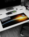 Space horizon scene desk pad 36x16 inches featuring a blue-lit curve and tiny dawn rising.