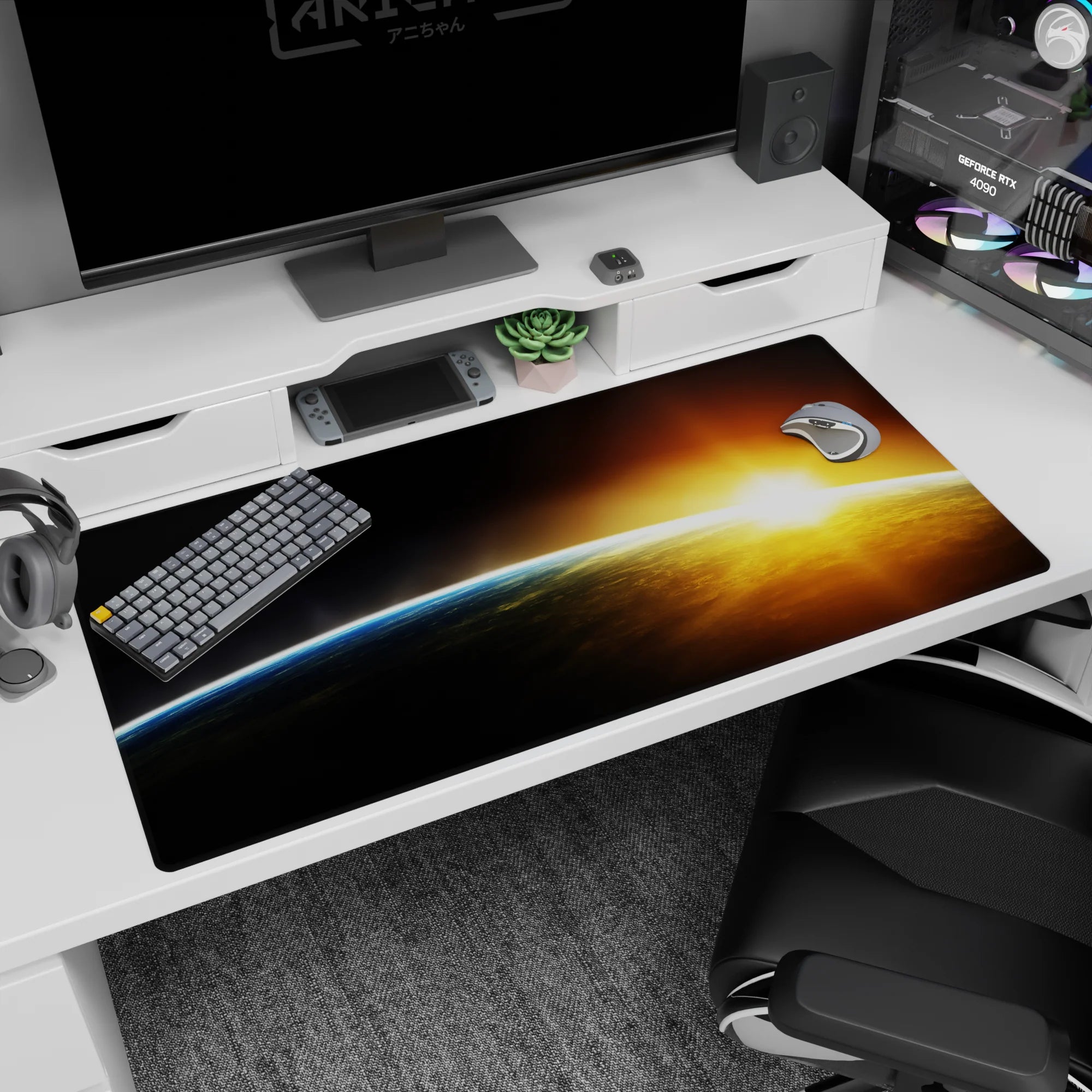 Space horizon scene desk pad 40x20 inches featuring a blue-lit curve and a burst of sunrise light.