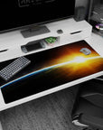 Space horizon scene desk pad 40x20 inches featuring a blue-lit curve and a burst of sunrise light.