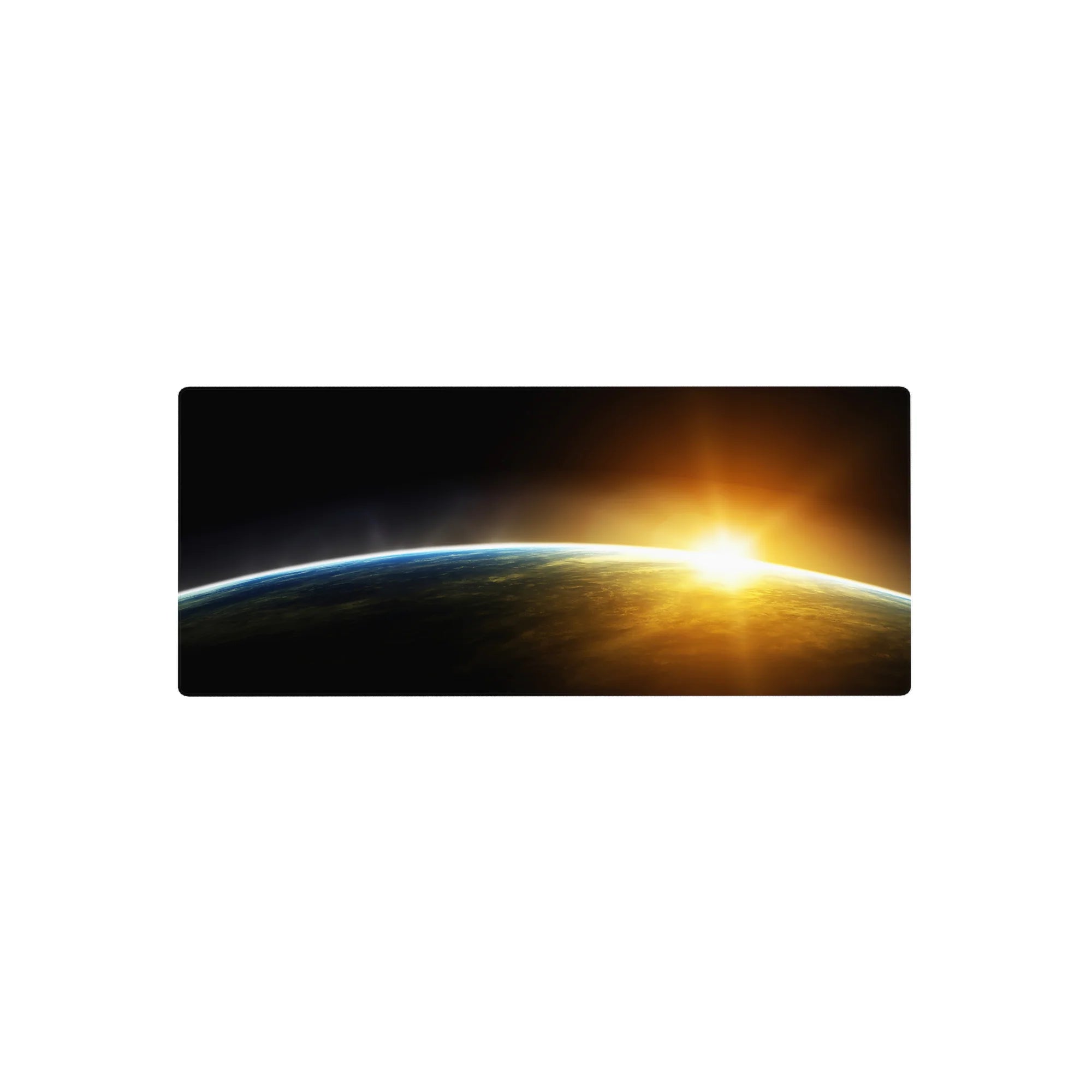 Cosmic horizon desk mouse pad 28x12 inches with midnight-to-gray fade and blue rim, sunrise glow.