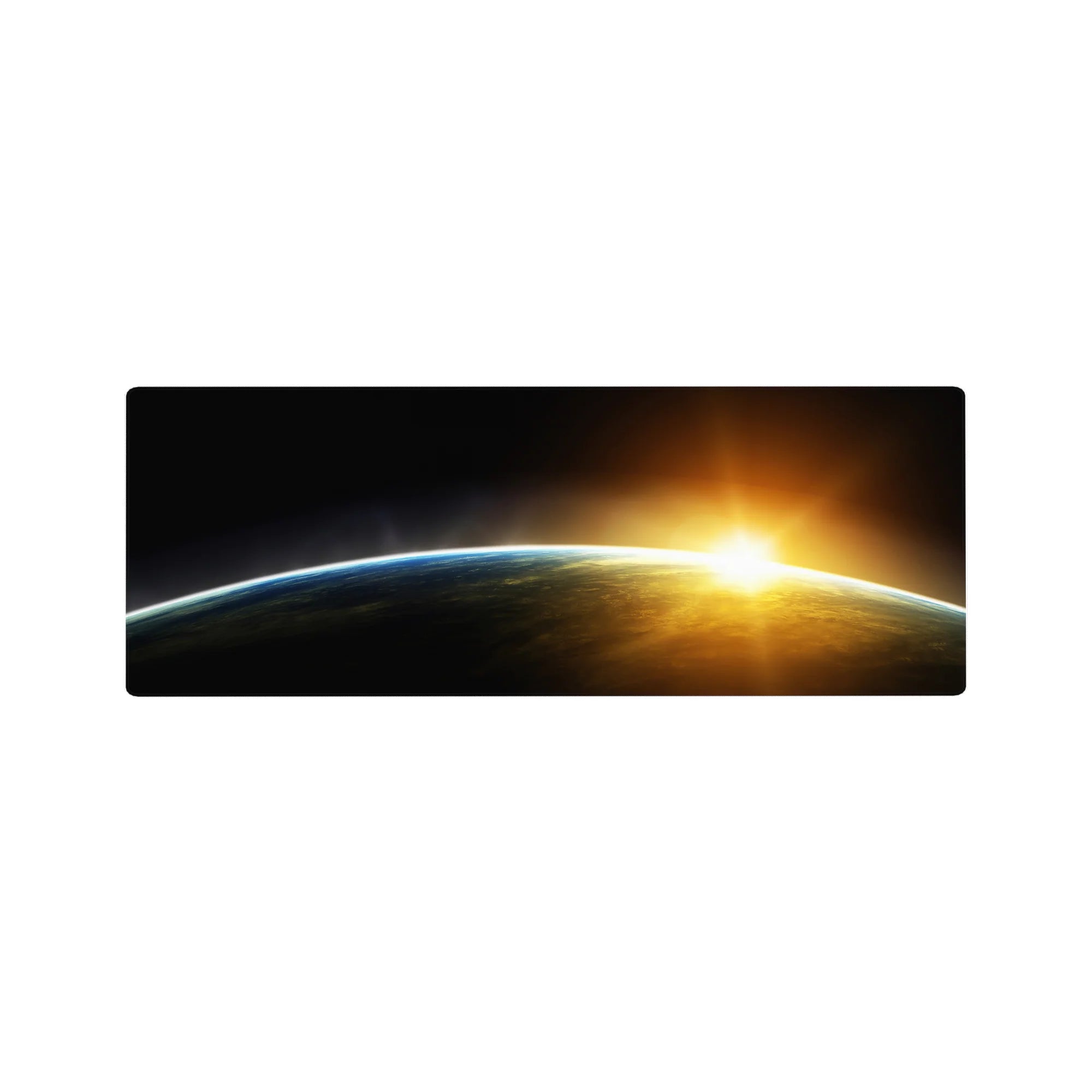 Cosmic horizon desk mouse pad, 32x12 inches, with midnight fade, blue rim, and sunrise glow.