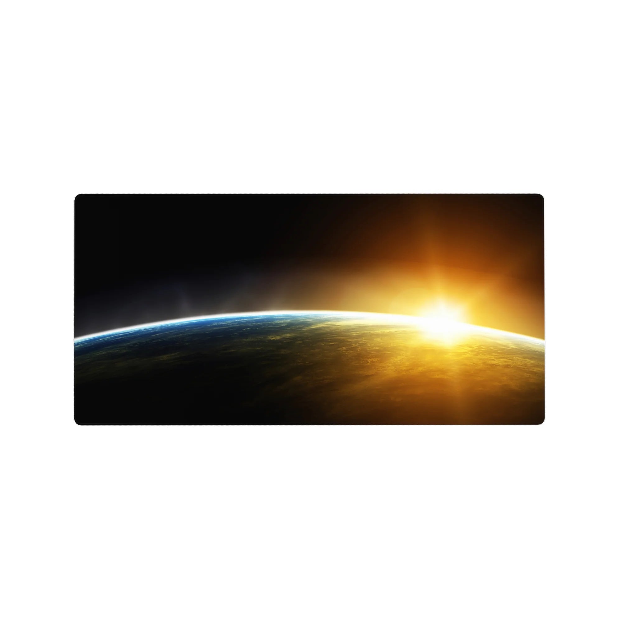 Cosmic horizon desk mouse pad 32x16 inches with curved blue rim and sunrise burst design.