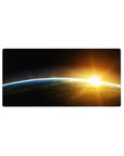 Cosmic horizon desk mouse pad 32x16 inches with curved blue rim and sunrise burst design.