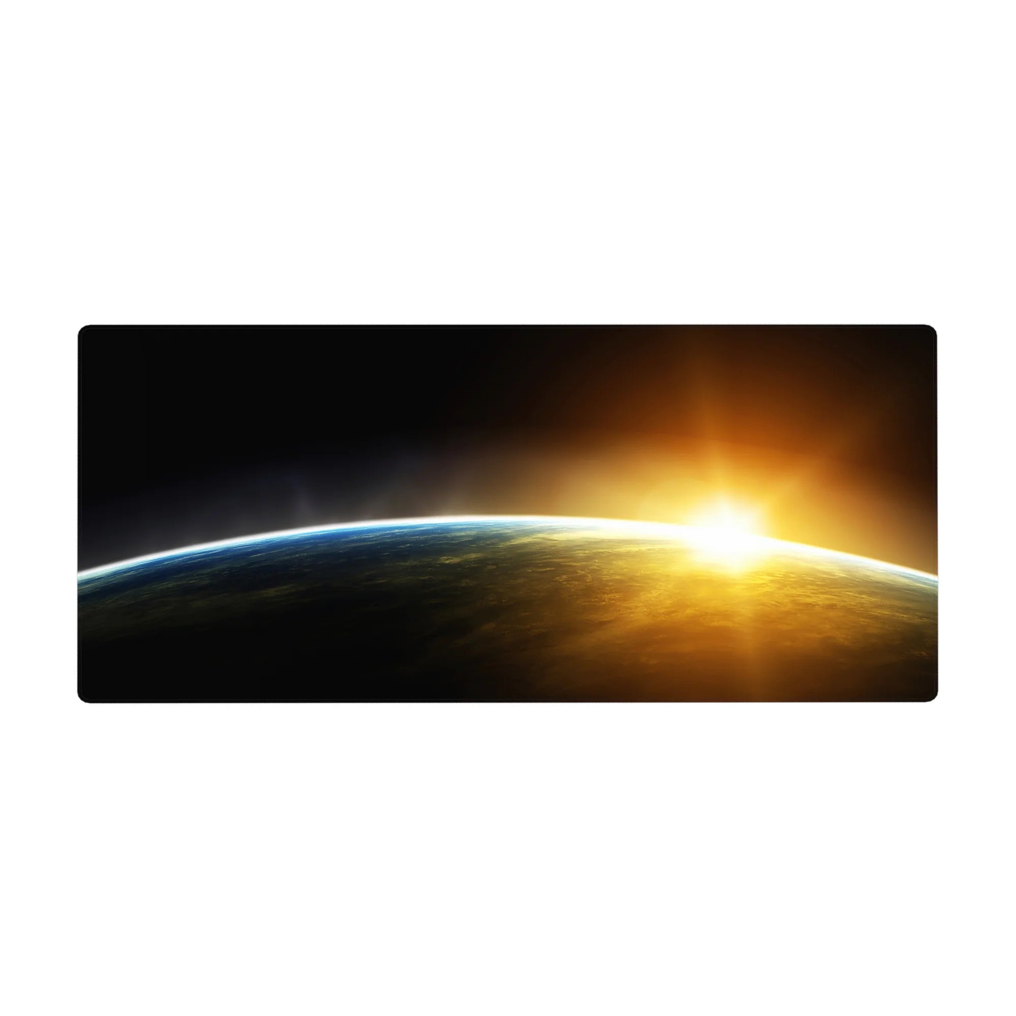 Cosmic horizon desk pad 36x16 inches with curved blue rim and sunrise burst over smoky gradient.