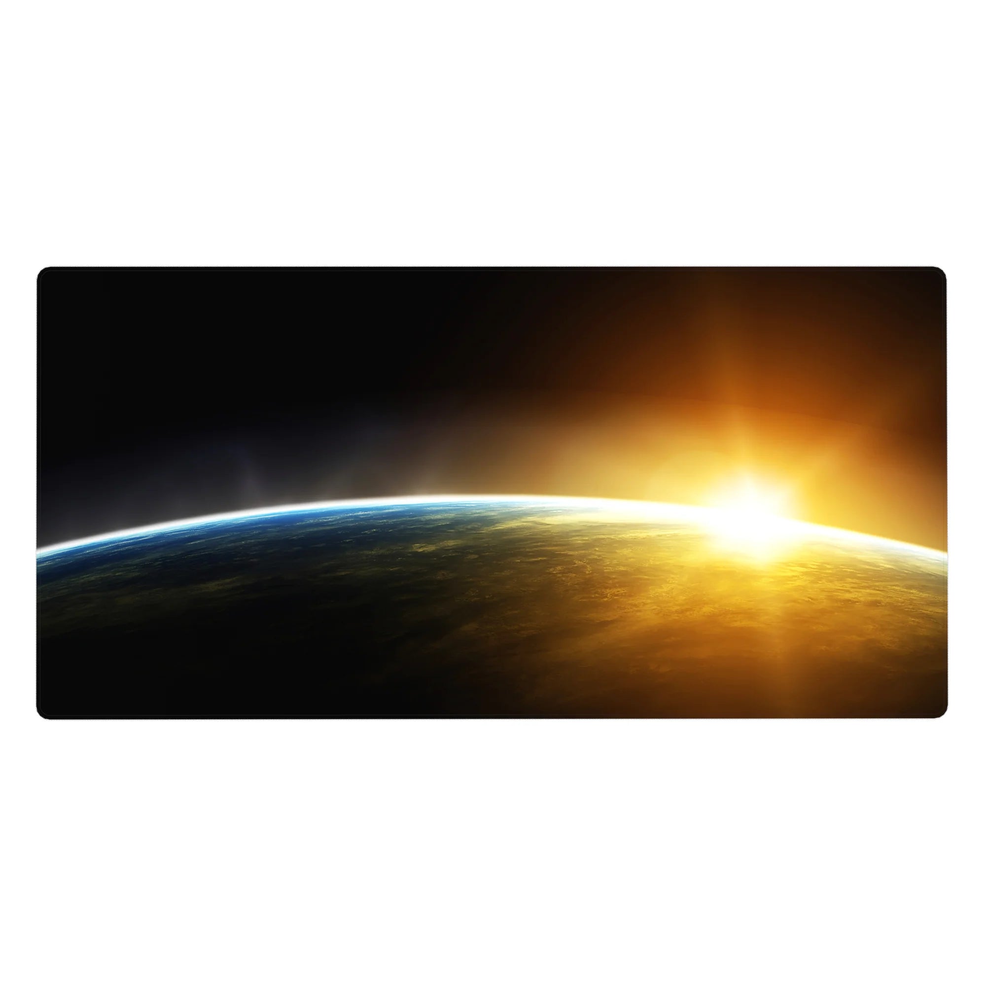 Cosmic horizon desk pad, 40x20 inches, with curved blue rim and sunrise glow on dark space gradient.