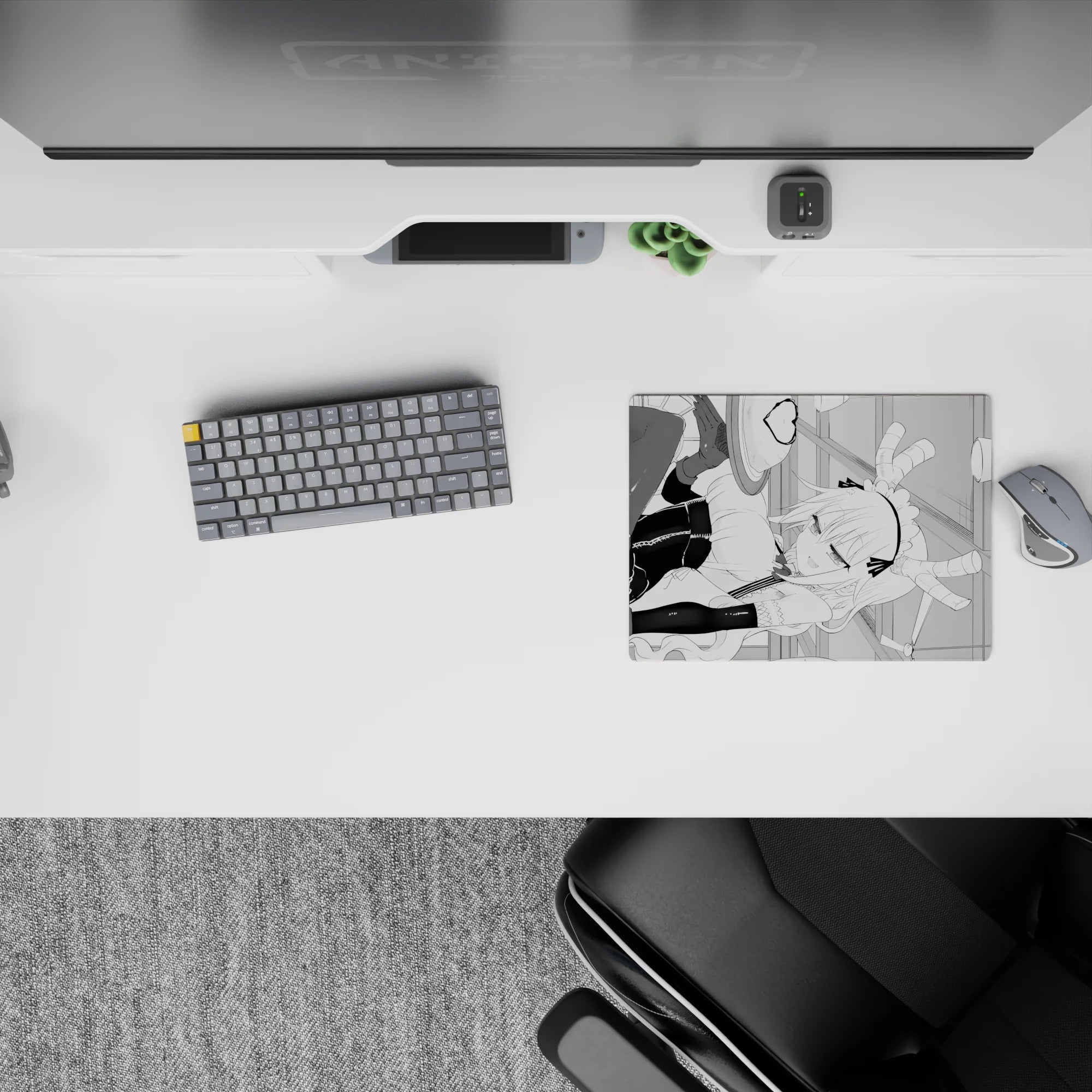 Black-and-white line art anime maid mouse pad 14x10 inches, playful teasing vibe with smooth glide feel.